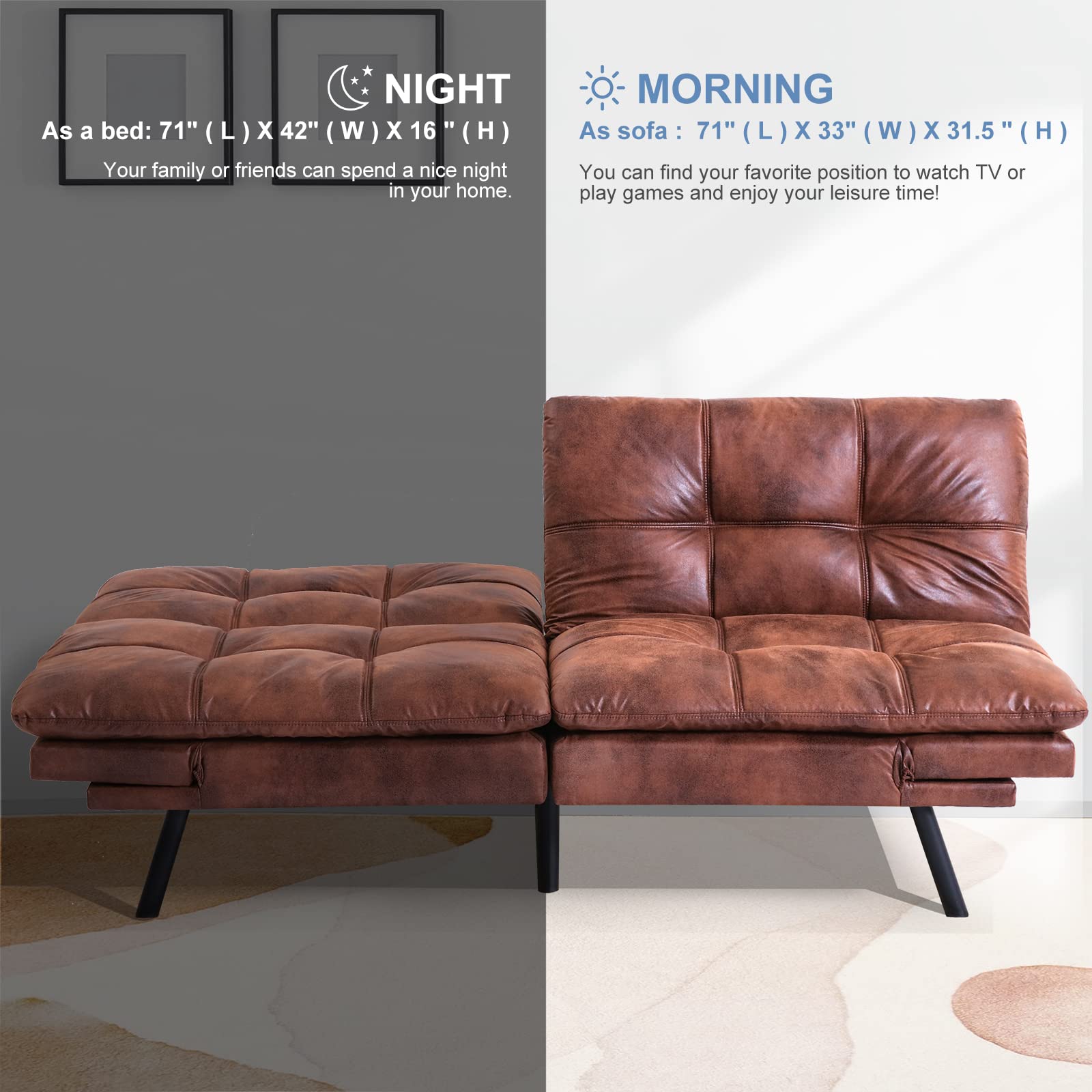MUUEGM Convertible Futon Sofa Bed - Faux Leather Memory Foam Sleeper Couch with Removable Armrests, Modern Daybed for Small Spaces, Brown | Perfect for Living Rooms, Guest Rooms & Compact Apartments