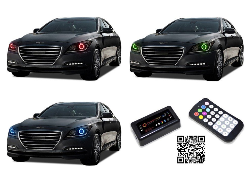 Flashtech LED RGB Multi-Color Halo Ring Headlight Kit with Bluetooth RF Remote & App Control - Compatible with Hyundai Genesis 2015-2016 | Customizable Lighting for Cars, Trucks & Night Driving