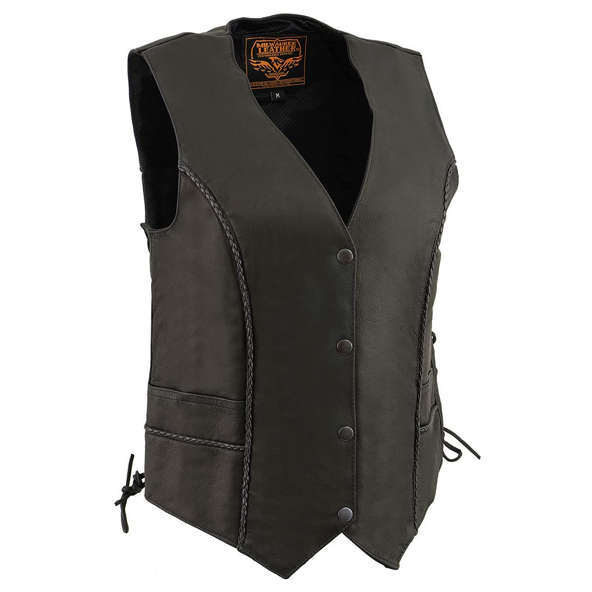 Milwaukee Leather MLL4560 Women's Black Premium Leather Braided Lace-Up Vest | Deep V-Neck Motorcycle Jacket for Biker Ladies | Perfect for Riding, Casual Wear & Outdoor Adventures
