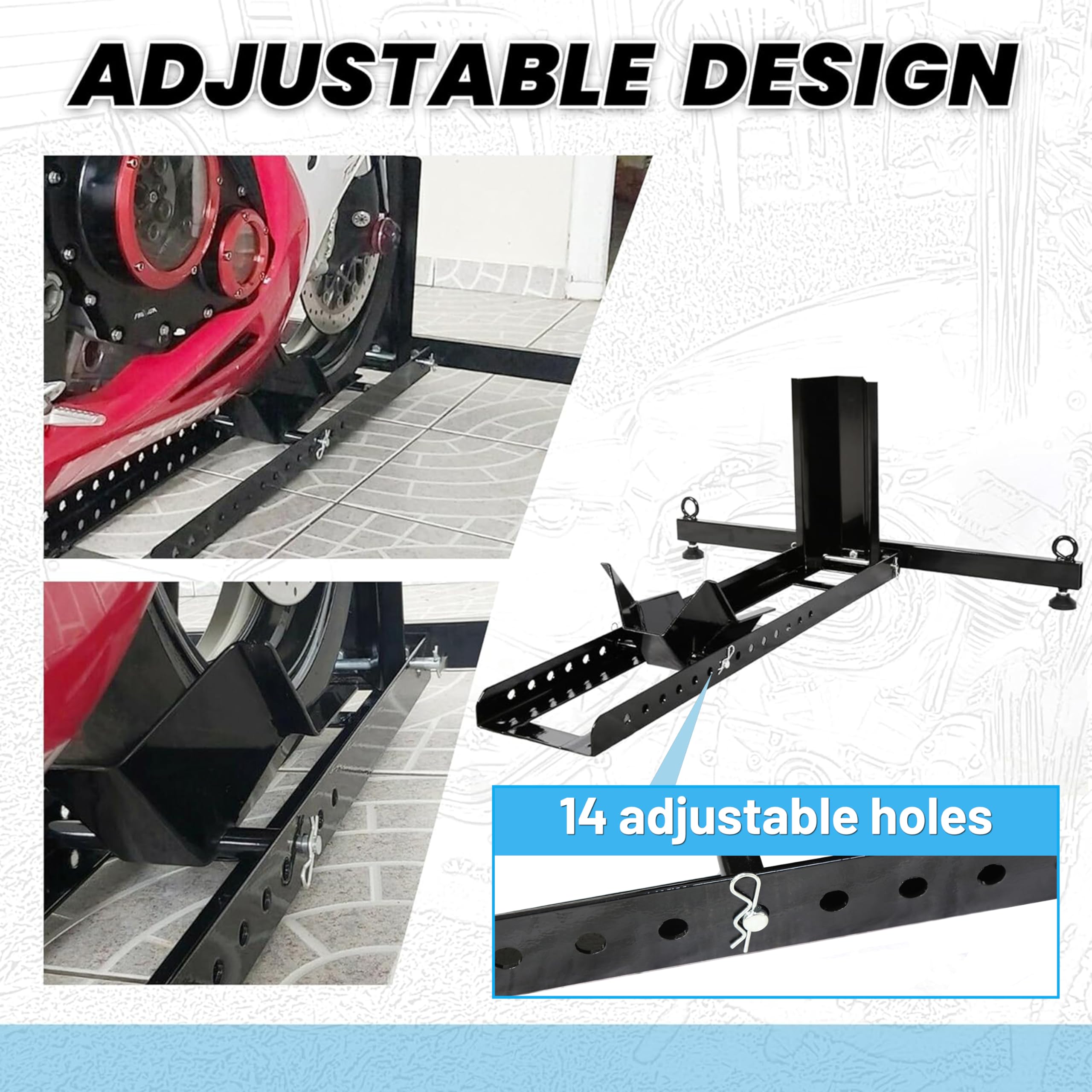 Heavy Duty Adjustable Motorcycle Wheel Chock Stand - 1800lbs Capacity, 3