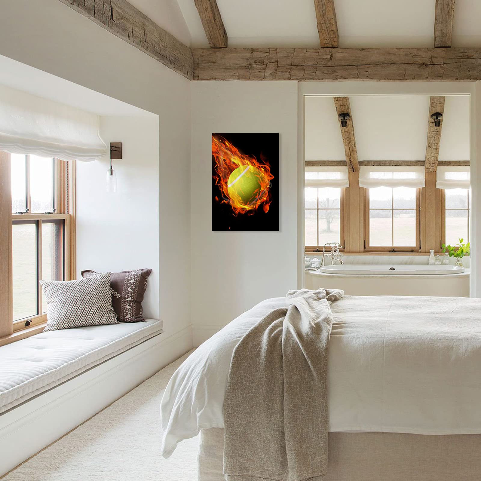 Premium Sports Wall Art Canvas Print - 24x36 Inch Tennis Ball with Fire Flame Design - Ready to Hang Framed Decor for Living Room, Bedroom & Office - Perfect for Home Gym, Man Cave & Sports Fan Gifts
