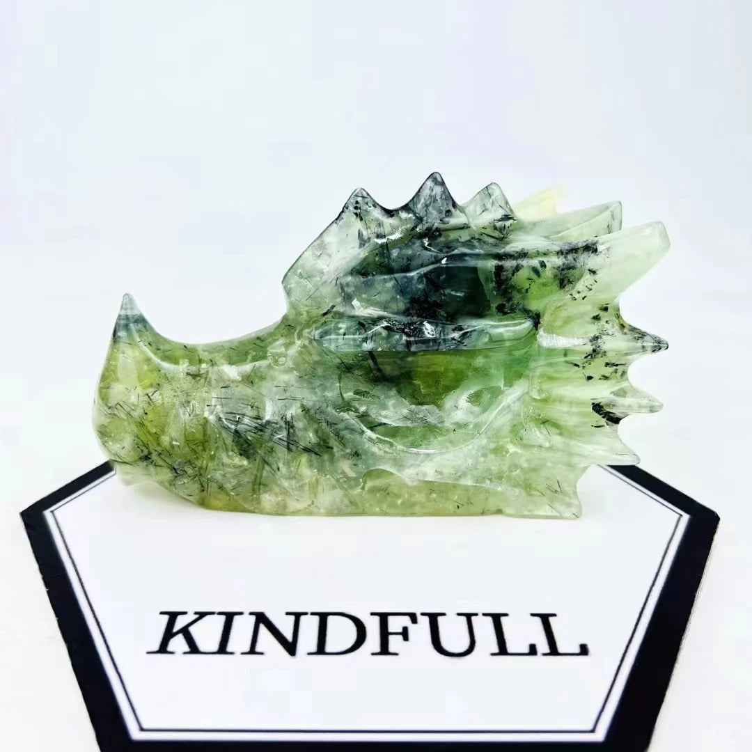 Handcrafted Natural Prehnite Crystal Dragon Skull Carving Sculpture - Real Gemstone Animal Skull Art for Home Decor, Gift & Meditation Space