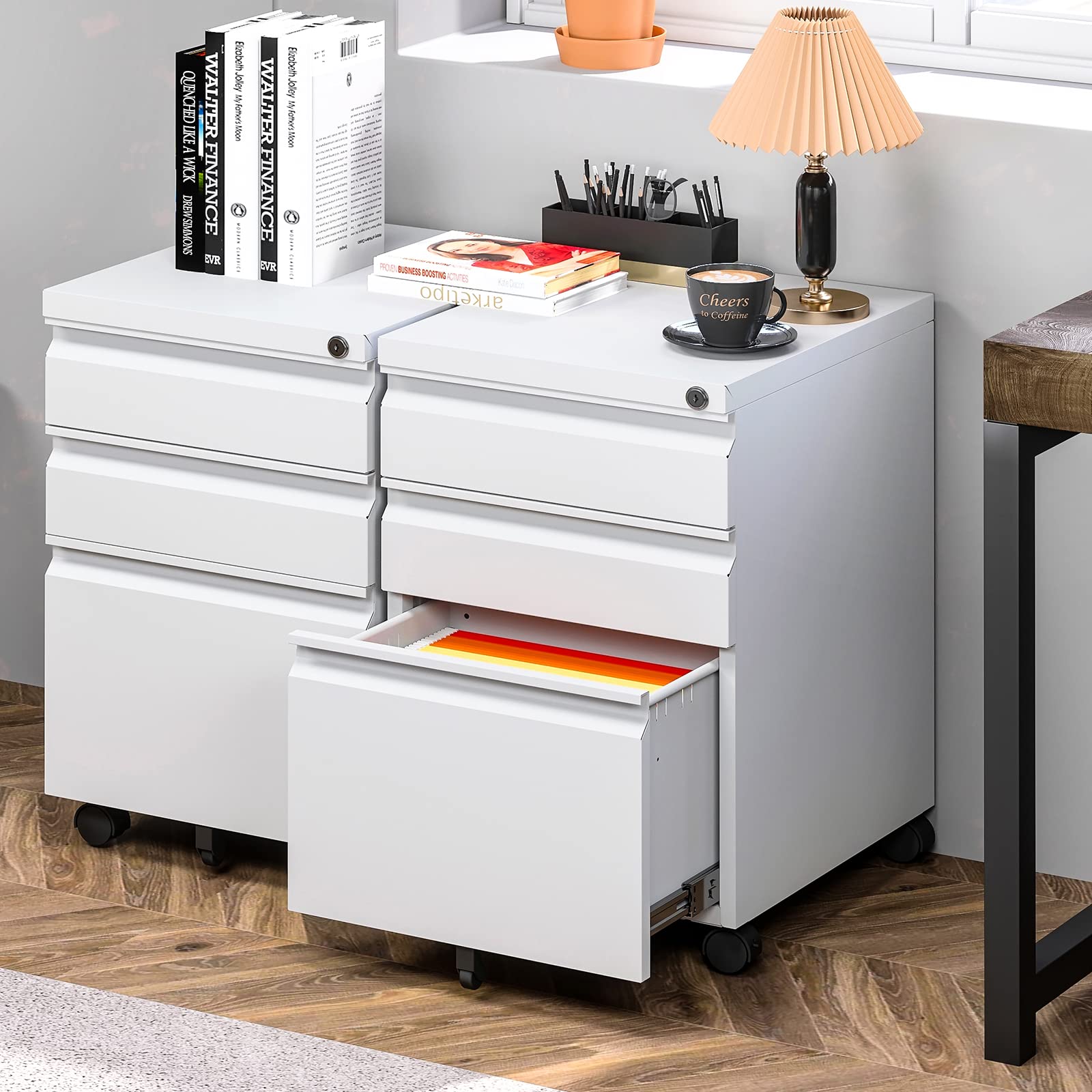 Yizosh 3-Drawer Locking Mobile File Cabinet - White Under Desk Rolling Storage Organizer for Legal/Letter/A4 Files - Heavy Duty Metal Locking File Cabinet with Wheels (Fully Assembled) - Perfect for Office, Home, or Classroom Organization