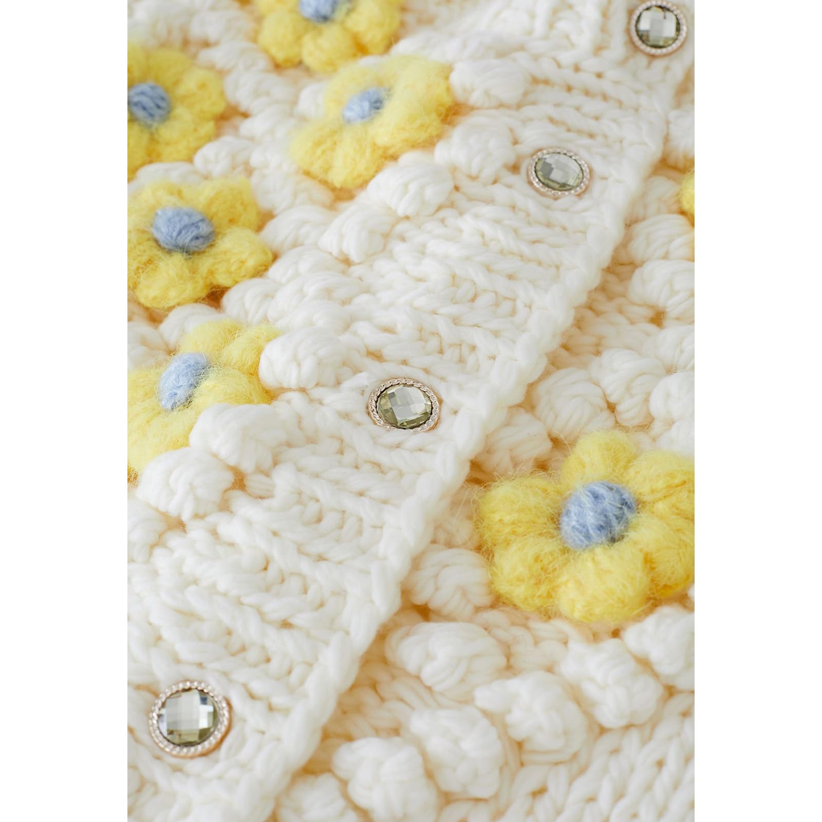 Chicwish Women's Yellow Stitch Floral Pom Pom Knit Cardigan Sweater - Cozy Fall Layering Piece for Casual Outfits & Autumn Photoshoots