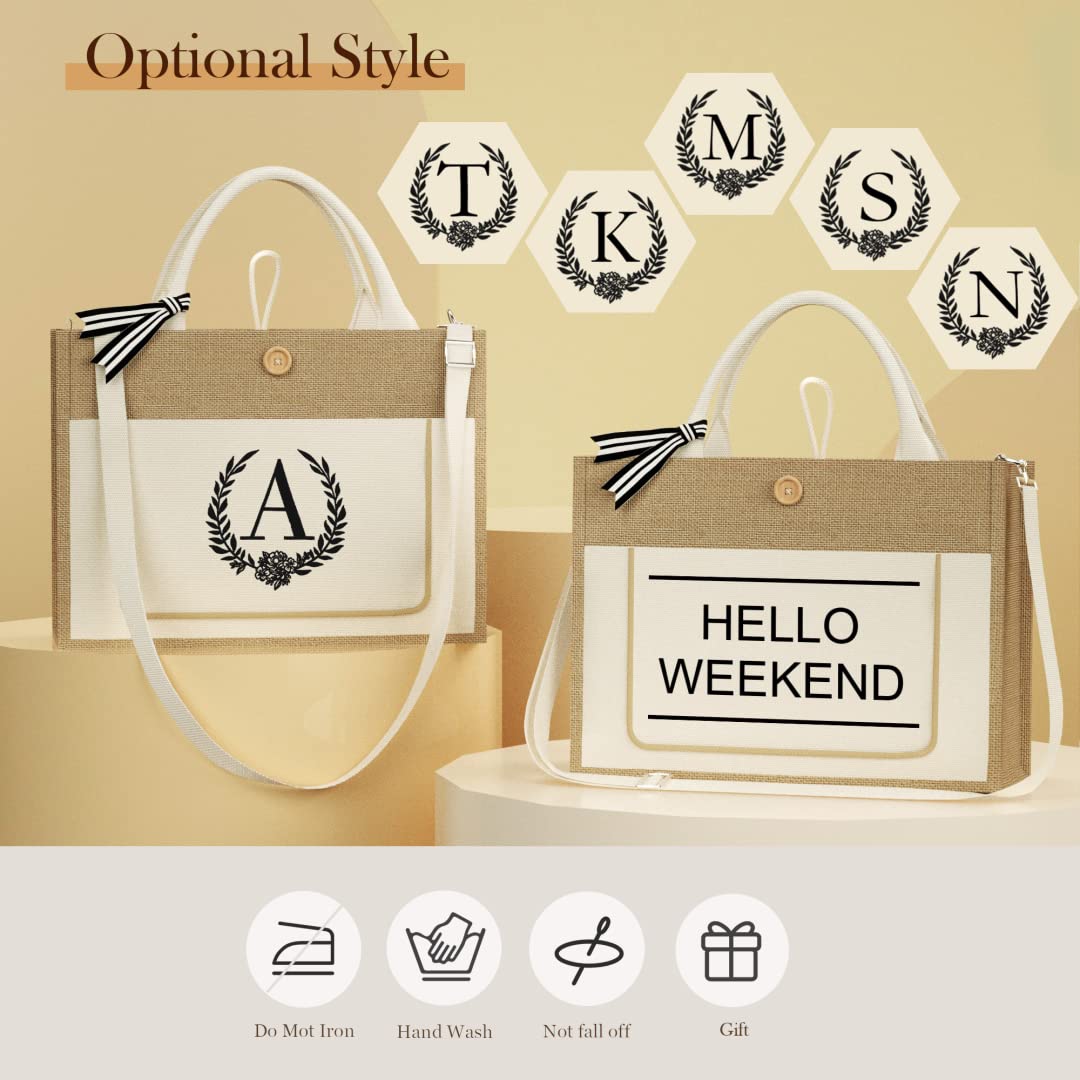 Personalized Initial Jute Tote Bag for Women - Reusable Grocery Bag with Zipper Pocket & Adjustable Strap - Great Birthday Gift for Coworkers, Teachers, Hostess & Bridal Shower (Letter H) - Perfect for Shopping, Beach Trips & Daily Commute