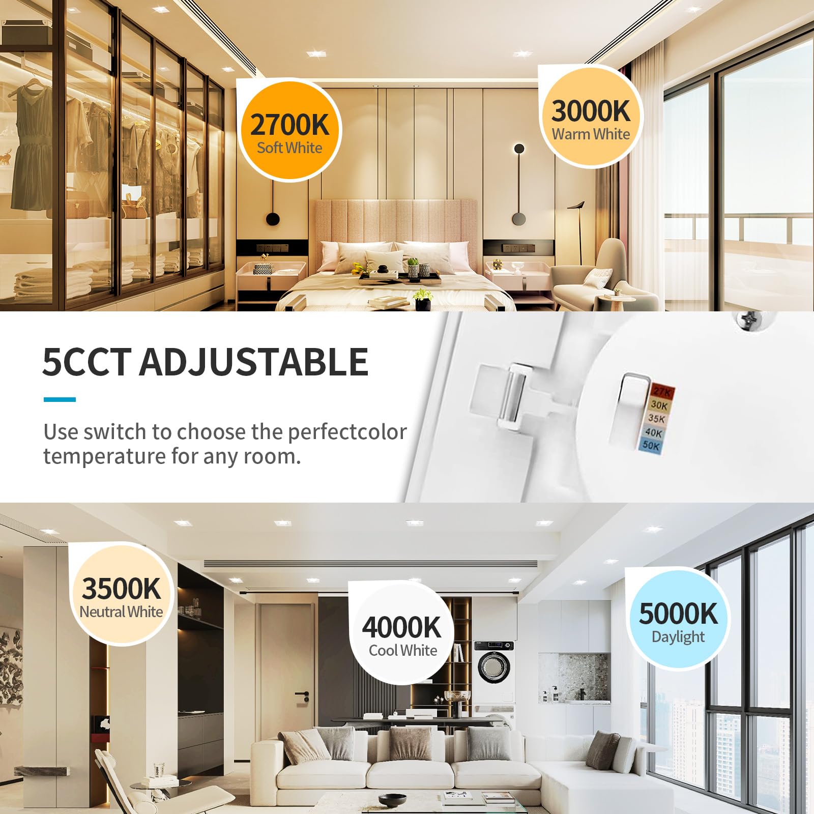 6 Pack 4 Inch 5 CCT Selectable Color Temperature LED Square Recessed Downlight - Retrofit LED Can Lights, 75W Incandescent Equivalent, 750LM, Energy Star Certified - Perfect for Kitchens, Living Rooms & Bedrooms