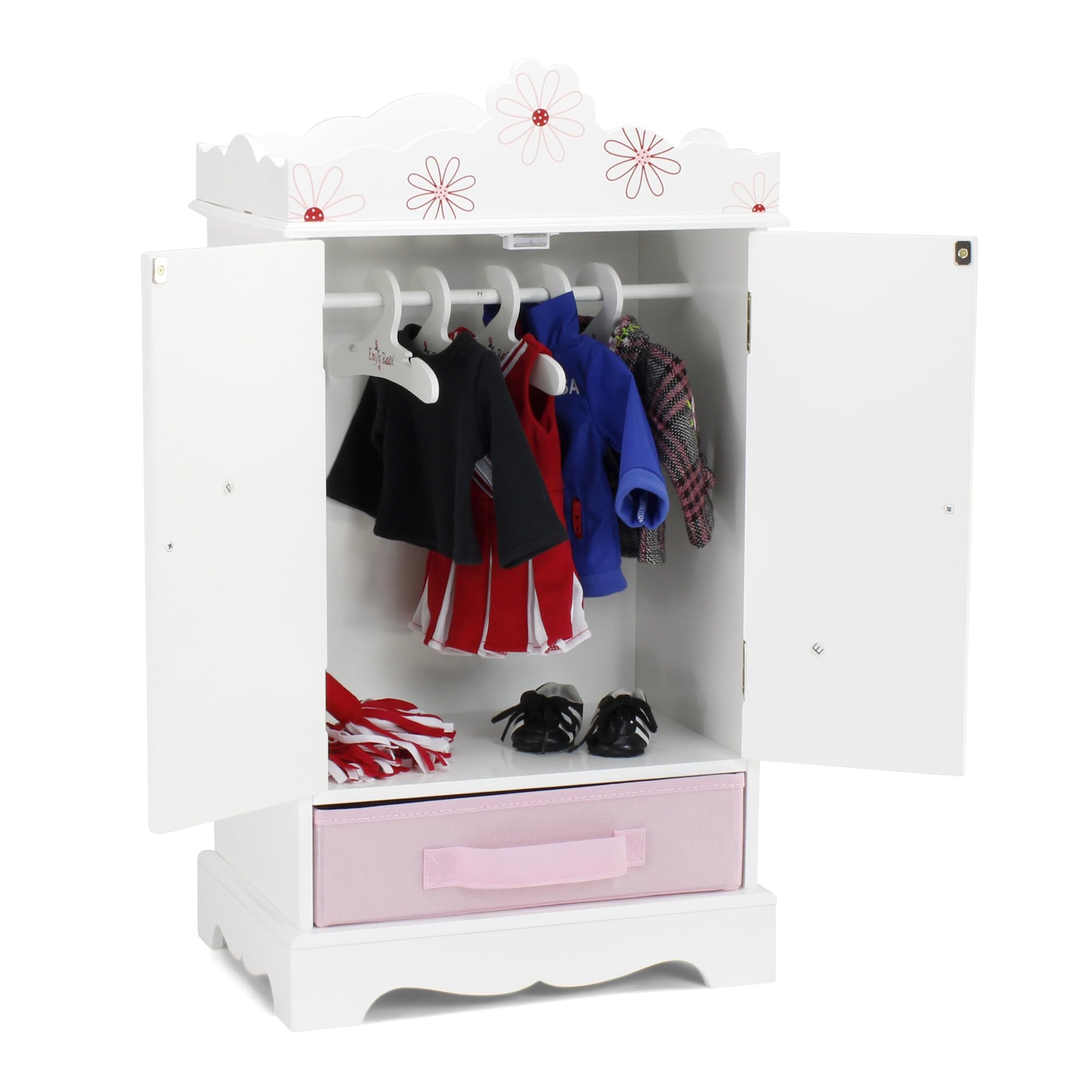 Emily Rose 18 Inch Doll Wooden Wardrobe with 5 Hangers - Floral Design Doll Closet for 18