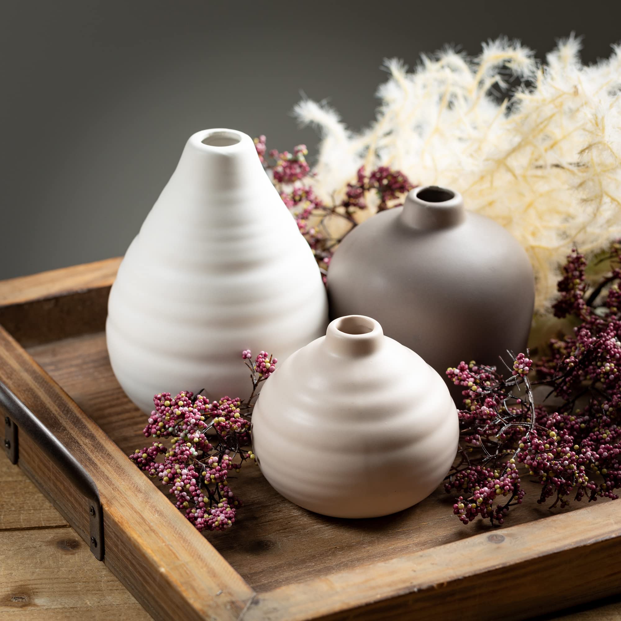 Modern Ceramic Bud Vase Set of 3 - Elegant Centerpiece for Table, Shelf, Coffee Table & Mantle Decor | Perfect for Weddings, Home Decor & Floral Arrangements