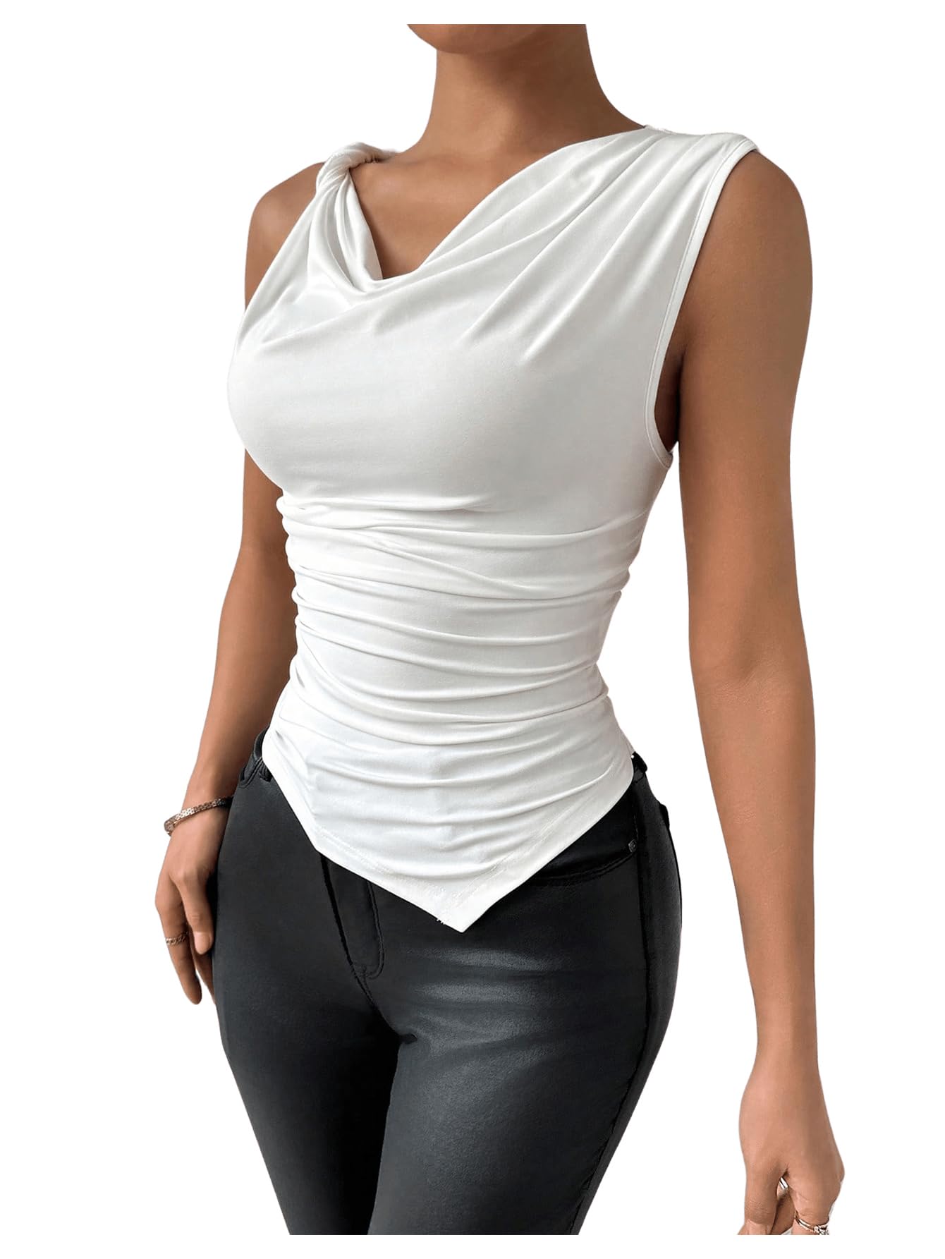 Milumia Women's One Shoulder Draped Neck Ruched Asymmetrical Fitted Tank Top - Sexy Summer Blouse for Night Out, Party, Date Night & Casual Wear