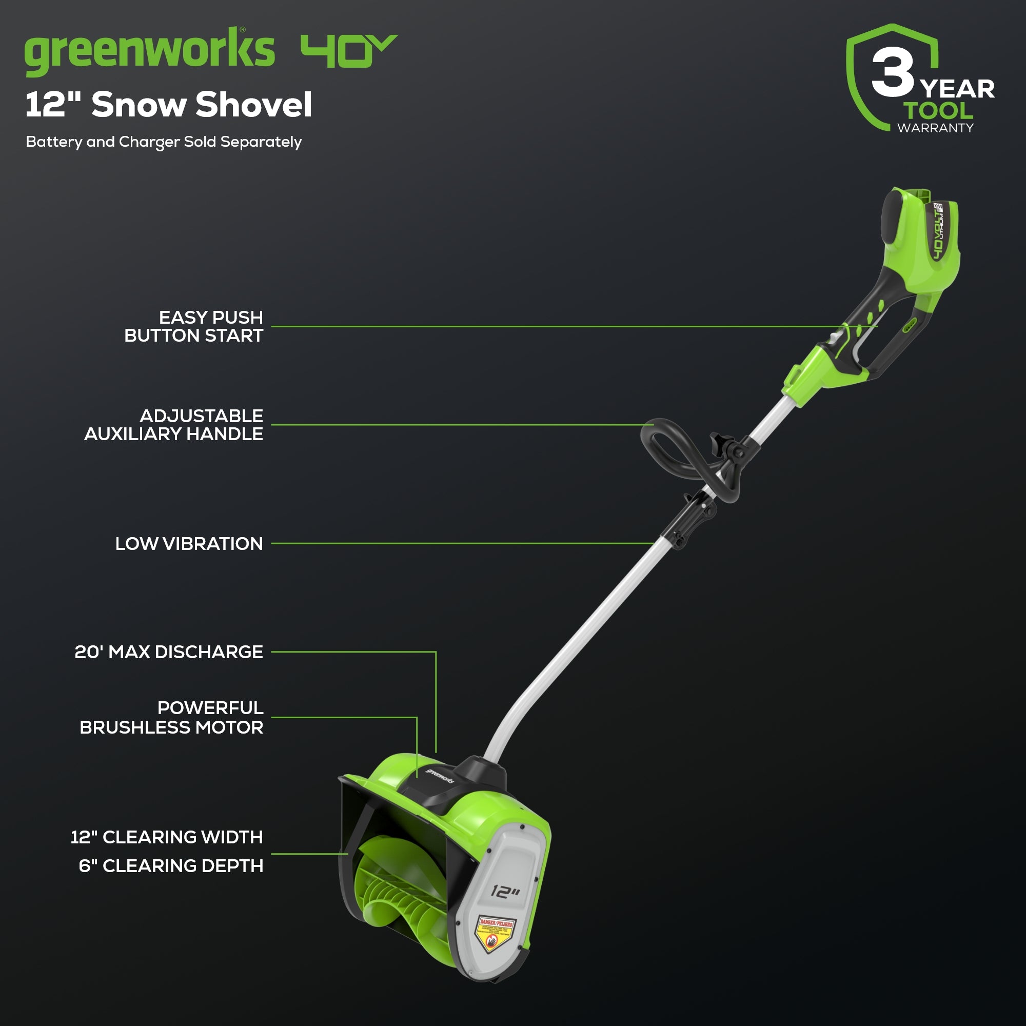 40V 12-Inch Cordless Brushless Snow Shovel (Tool Only) - Lightweight Electric Snow Removal for Driveways, Sidewalks & Deck Cleaning