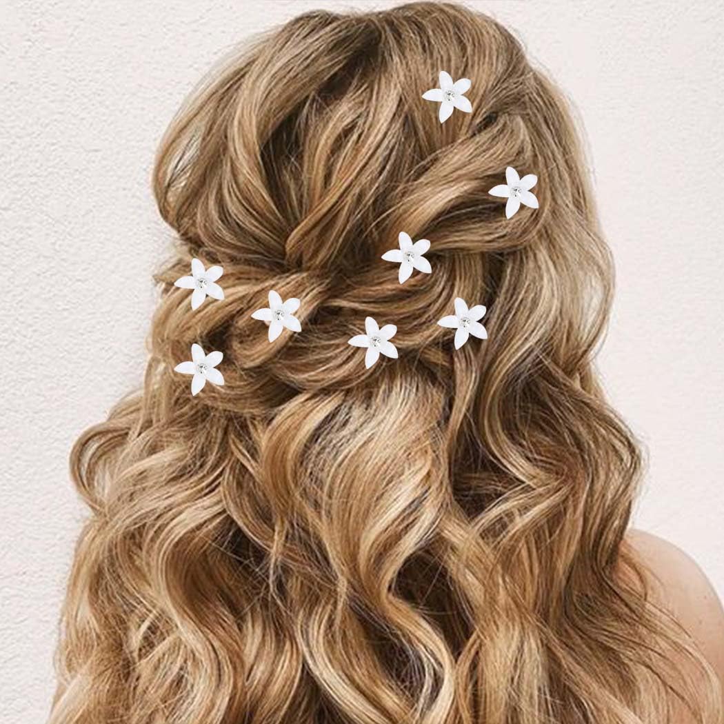 BARTOSI Small White Flower Hair Clips - Pack of 5 Floral Hair Barrettes for Women & Girls | Wedding, Bridal, Boho, Princess & Rapunzel Hair Accessories