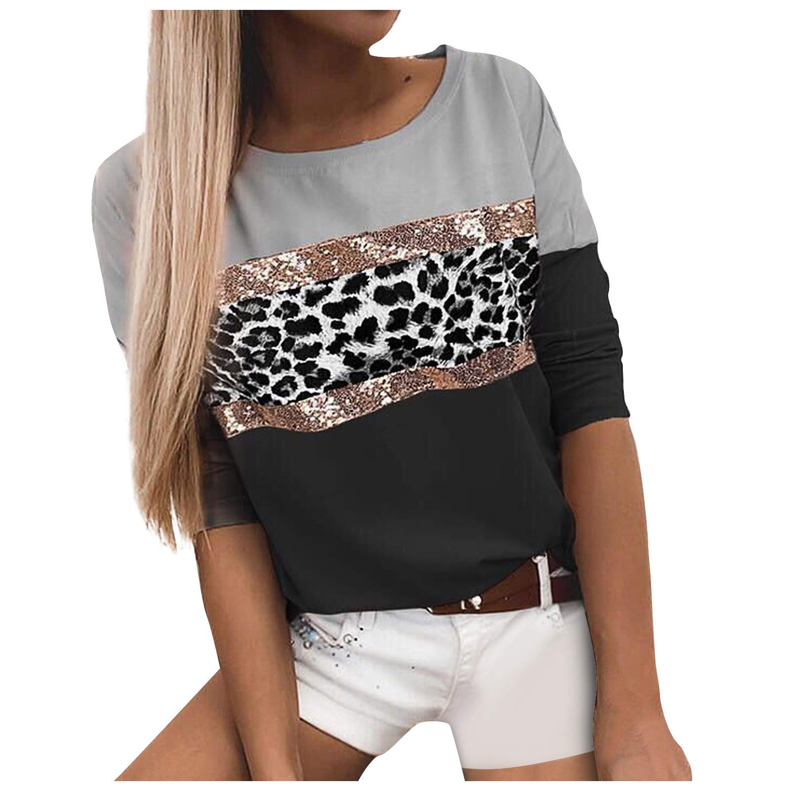 Women's Leopard Print Sequins Short Sleeve T-Shirt - Fashion O-Neck Blouse for Casual Wear, Party & Office Outfits