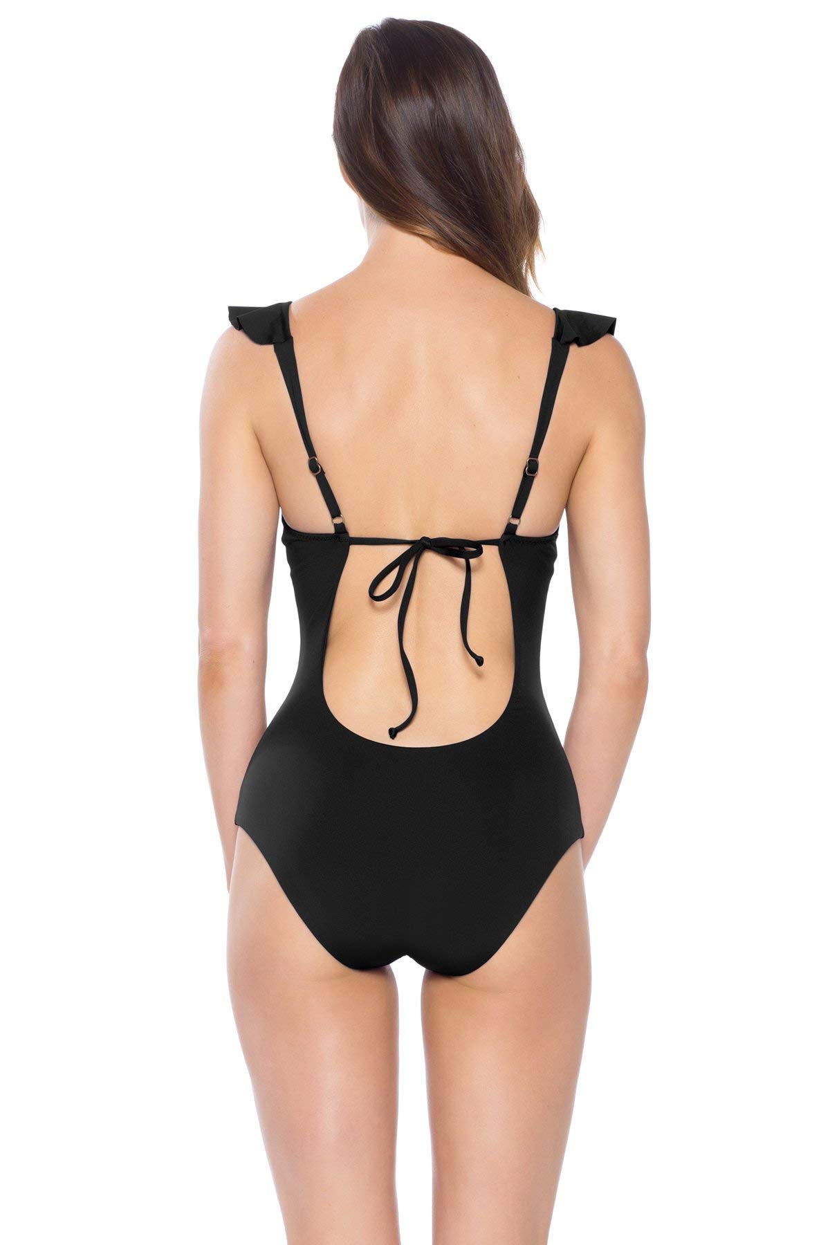 Becca by Rebecca Virtue Women's Sexy Ruffle Plunge One Piece Swimsuit - Black Size S | High Waisted Bathing Suit for Beach, Pool & Vacation | Tummy Control Swimwear for Women