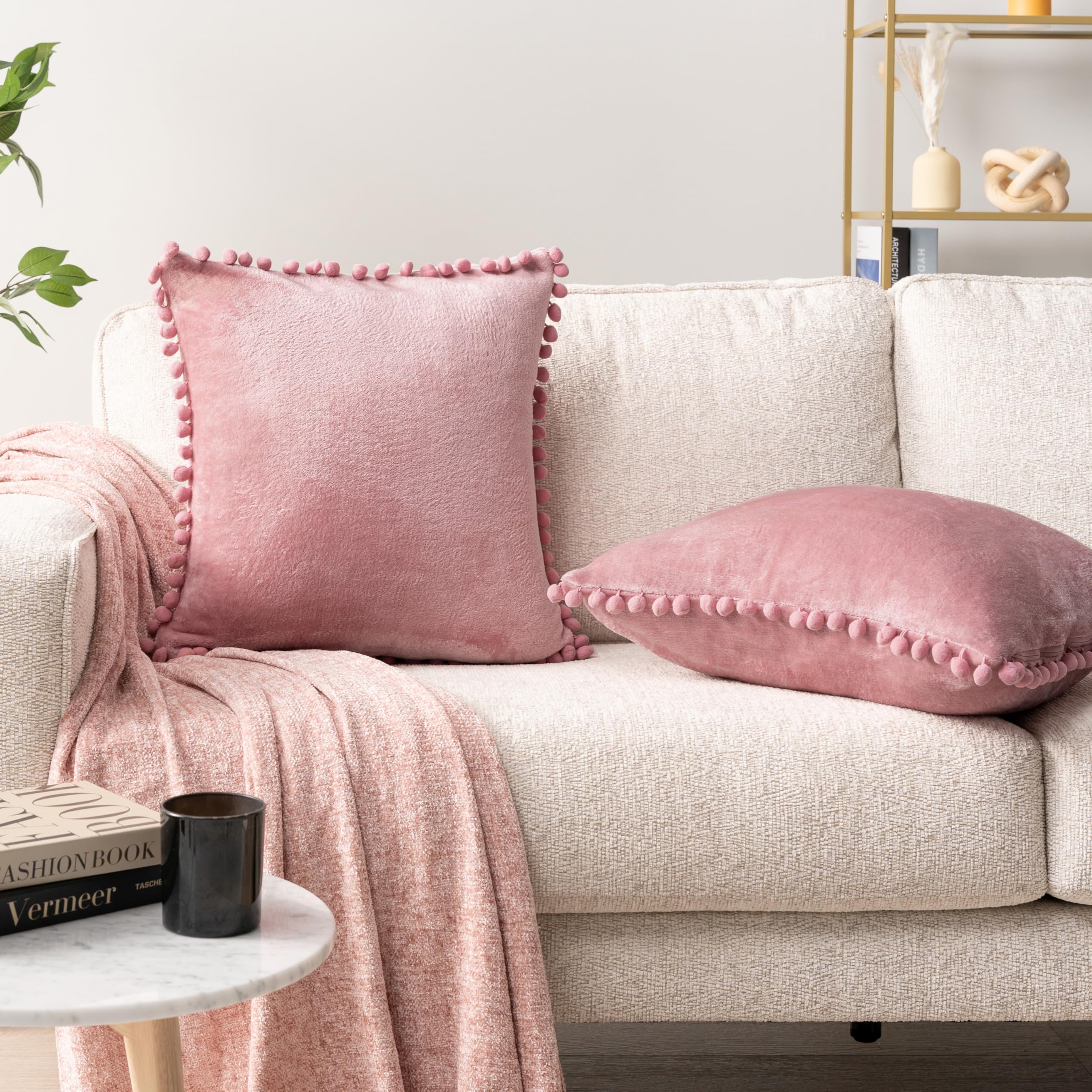 PAVILIA 20x20 Blush Pink Velvet Throw Pillow Covers Set of 2 - Soft Pom Pom Decorative Cushion Covers for Bed, Sofa, Couch & Home Decor - Cozy Living Room & Bedroom Aesthetic Accessories