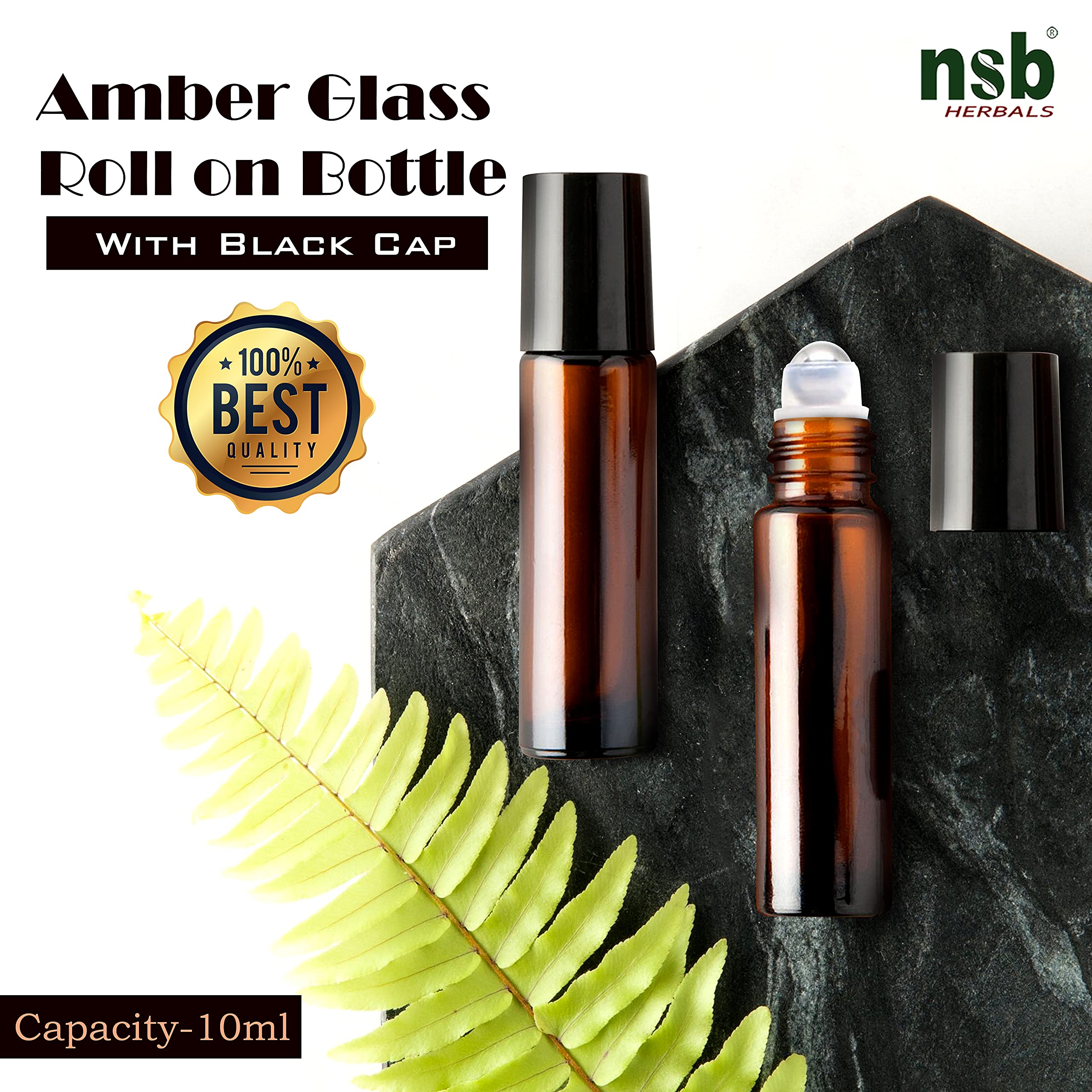 10ml Empty Amber Glass Roll On Bottles with Black Cap - Refillable Essential Oil Bottles, Perfume Roller Bottles | Eco-Friendly, Leakproof & Reusable (Pack of 6) for Aromatherapy, DIY Skincare & Travel
