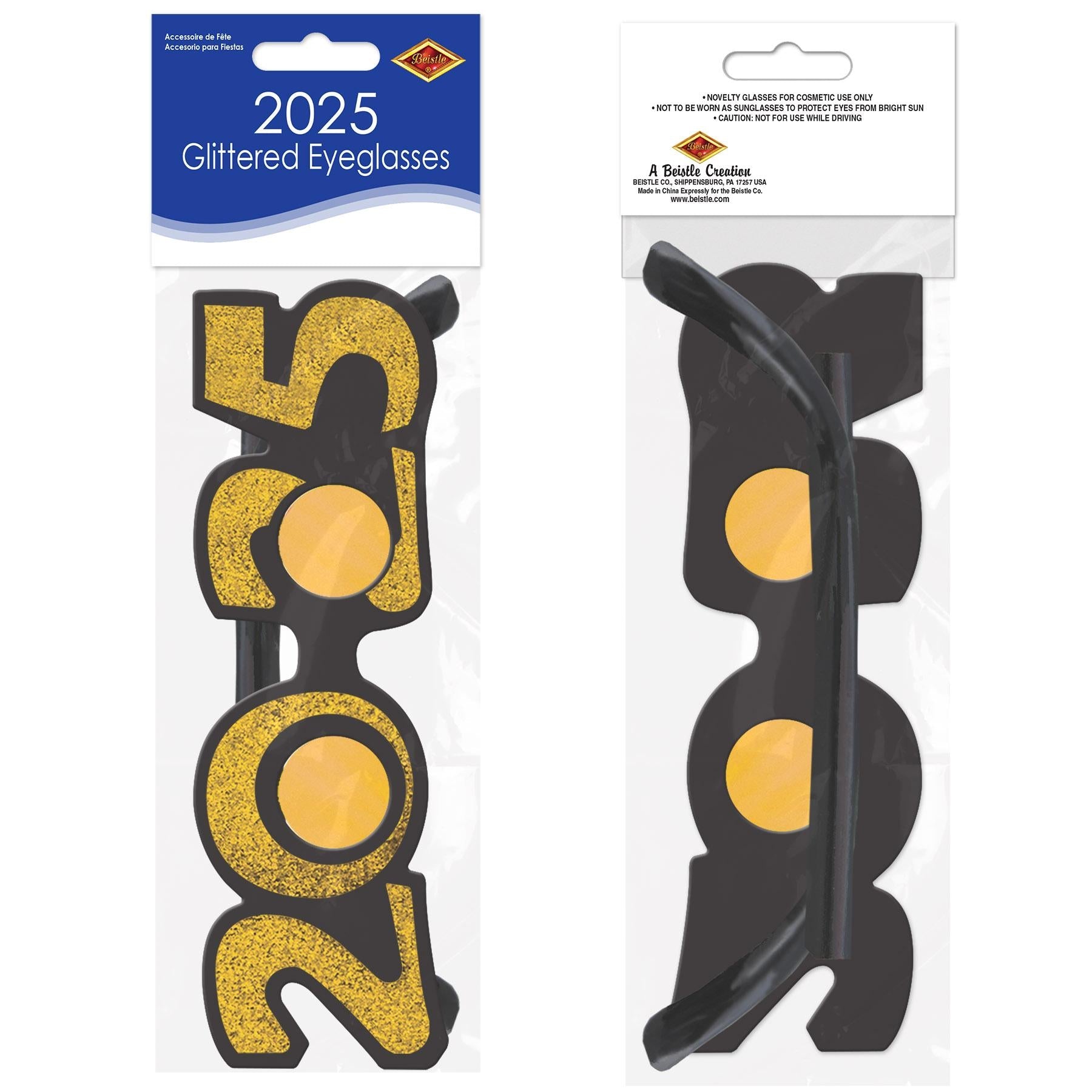 12 Pack Beistle 2025 Glittered Plastic Party Eyeglasses in Gold - Perfect for New Year's Eve, Birthday Celebrations and Festive Events