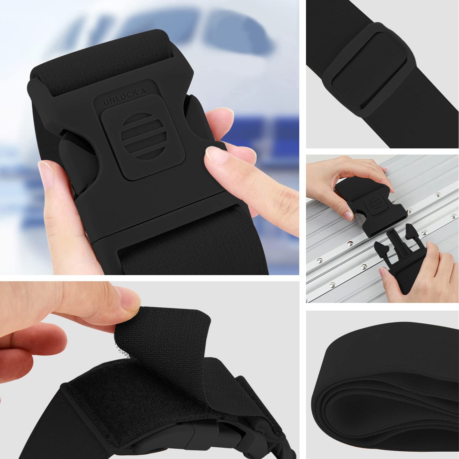ZINZ 2-Pack Heavy Duty Elastic Luggage Straps with Anti-Pinch Buckles - Adjustable Suitcase Bungee Belts for Travel (1 Short & 1 Long, Black) | Secure & Organize Luggage for Airplane, Train & Road Trips