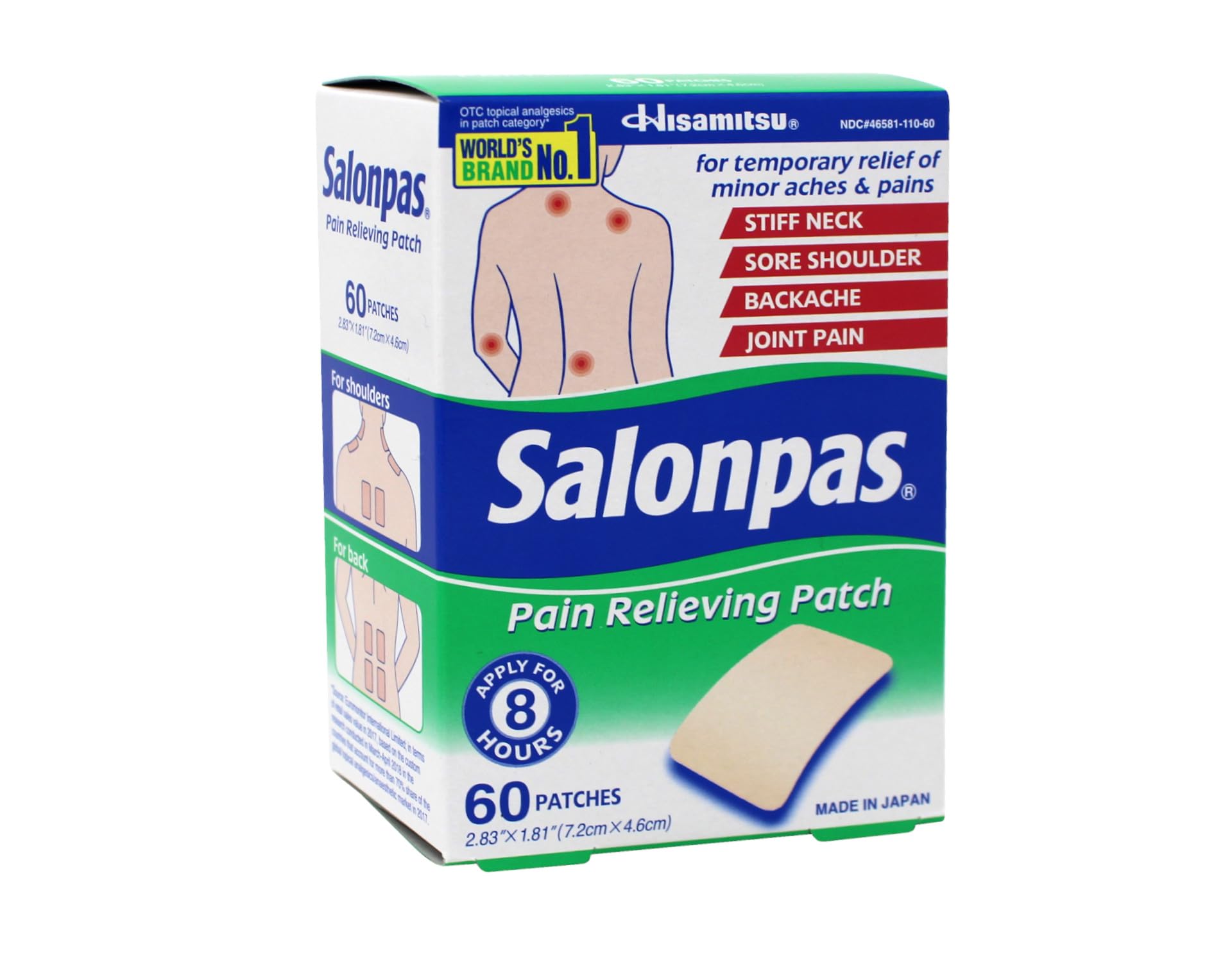Salonpas Pain Relieving Patch for Back, Neck, Shoulder & Knee Pain Relief - 8 Hour Fast-Acting Muscle Soreness Relief - 60 Count (Pack of 2) - Perfect for Workout Recovery, Arthritis & Chronic Pain Management