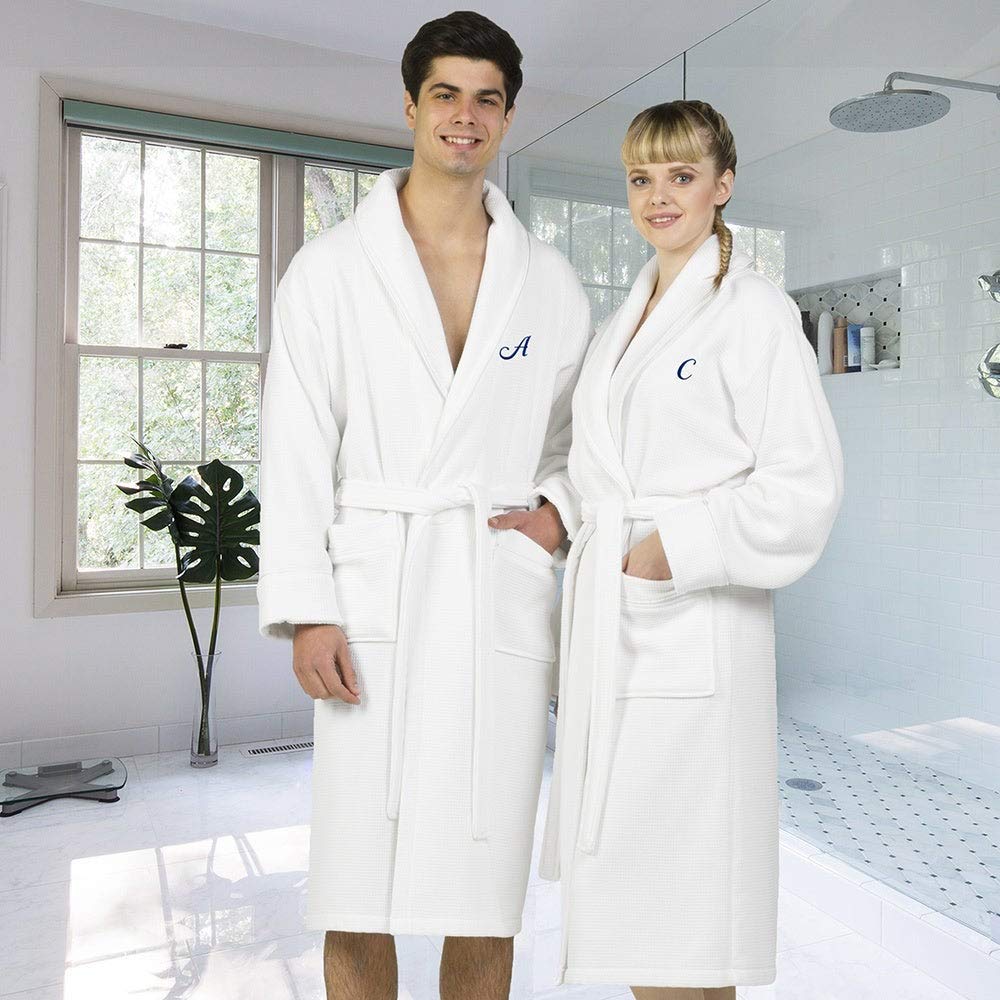 Premium White Unisex Turkish Cotton Waffle Weave Bathrobe - Soft Terry Cloth Robe with Navy Blue Script Monogram (Size S/M) - Perfect for Spa, Hotels & Cozy Home Relaxation