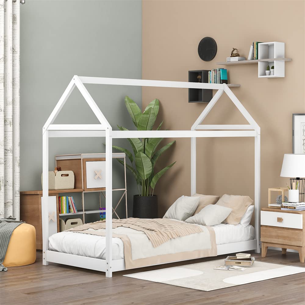 Wooden Twin Size House Bed with Roof - Sturdy Floor Platform Bed Frame with Slat Support, No Box Spring Needed - Multifunctional Tent Bed for Kids & Teens - Perfect for Bedroom, Playroom & Sleepovers - White