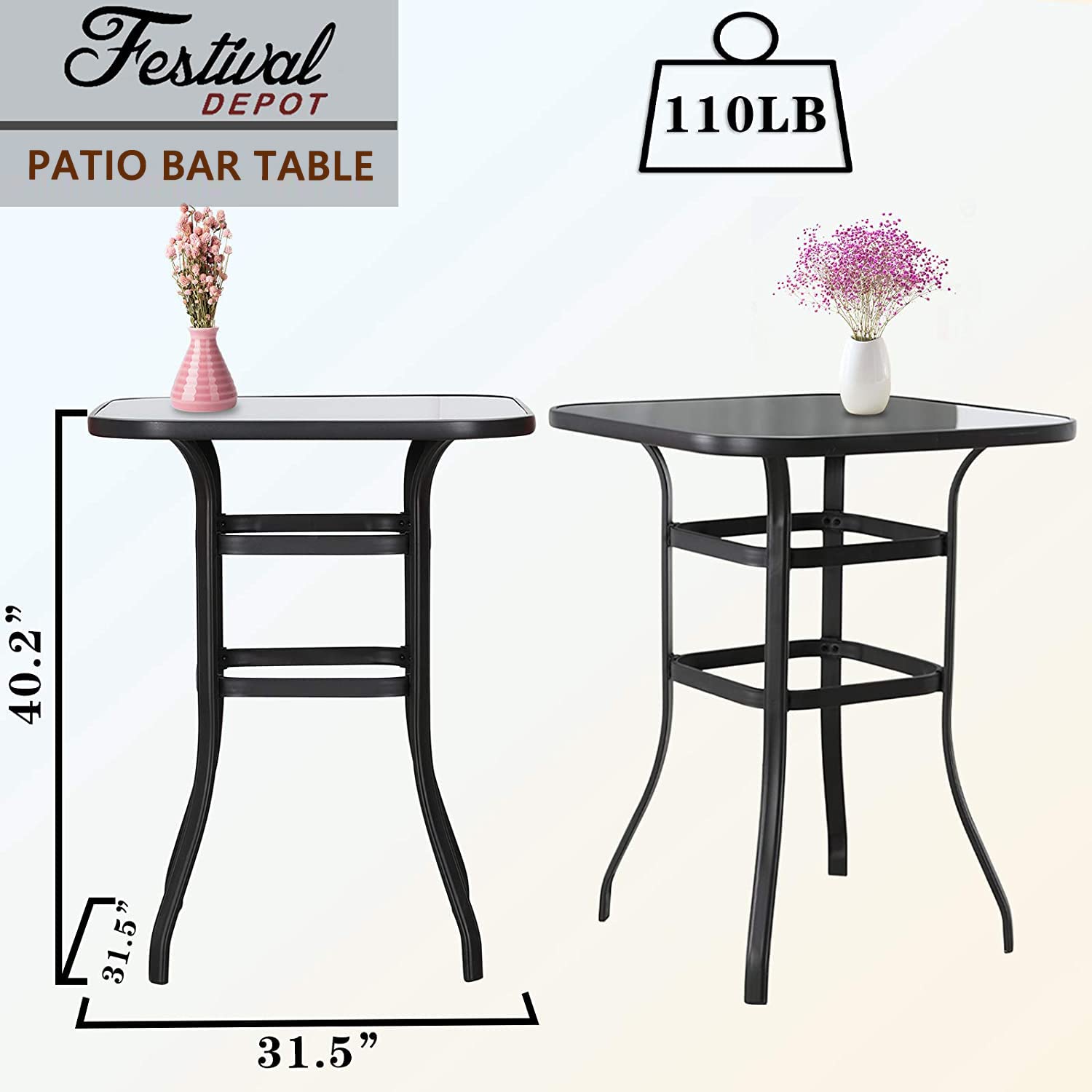 8-Piece Bar Patio Dining Set - 360° Swivel Bar Stools & Square Table with Tempered Glass Top - Outdoor Bistro Furniture for Garden, Deck, Poolside (Taupe)