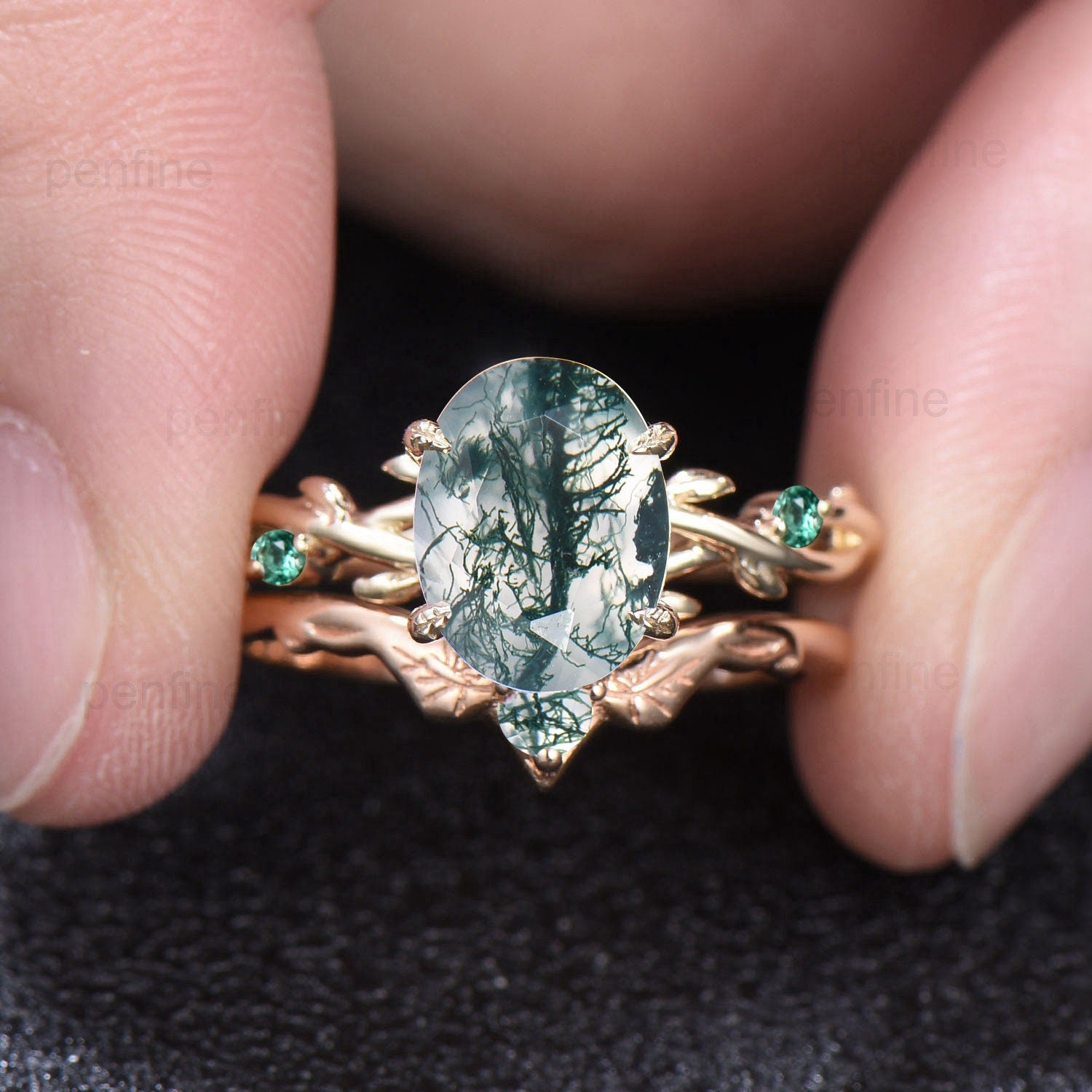 2 Carat Oval Moss Agate Engagement Ring Set - Nature Inspired Green Agate Wedding Ring with Cluster Emerald Accents - Leaf Vine Bridal Jewelry Set for Romantic Proposals & Outdoor Weddings