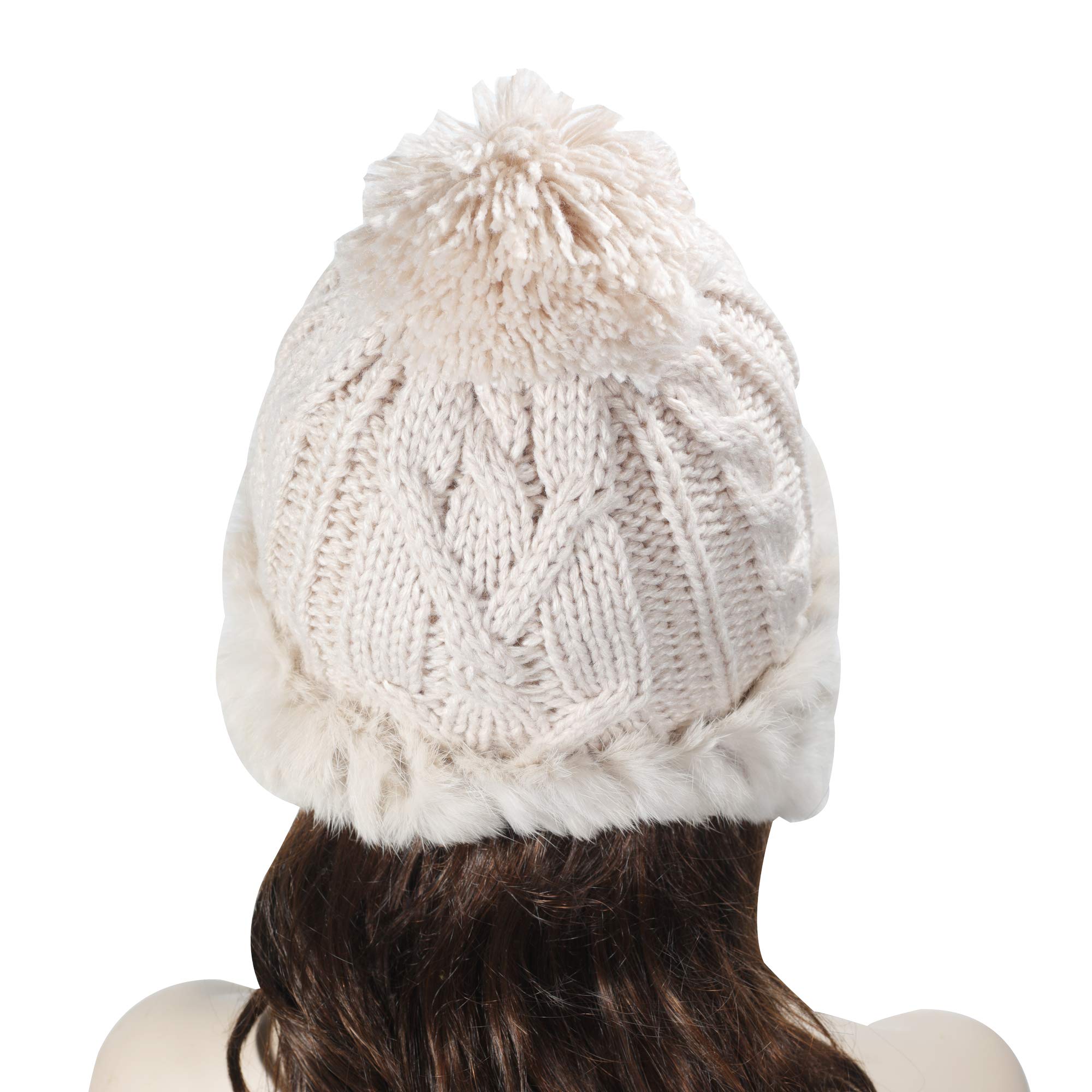 ZLYC Women's Winter Rabbit Fur Knit Beanie Hat with Earflaps - Warm Fleece Lined Bobble Cap for Cold Weather, Outdoor Activities & Fashion Accessories