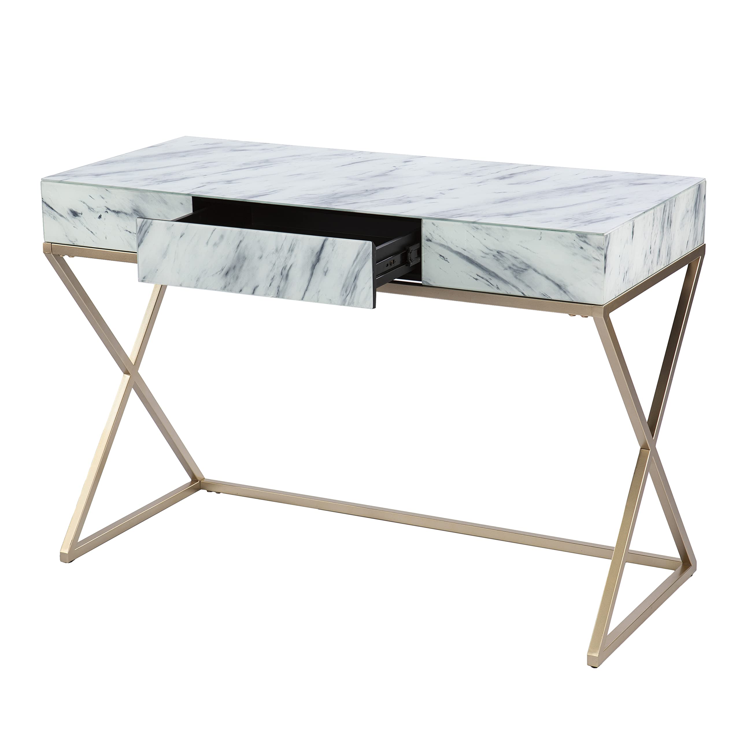 SEI Furniture Kamblemore White Faux Marble Writing Desk with Storage Drawers - Modern Home Office Desk for Small Spaces, Study & Workstation