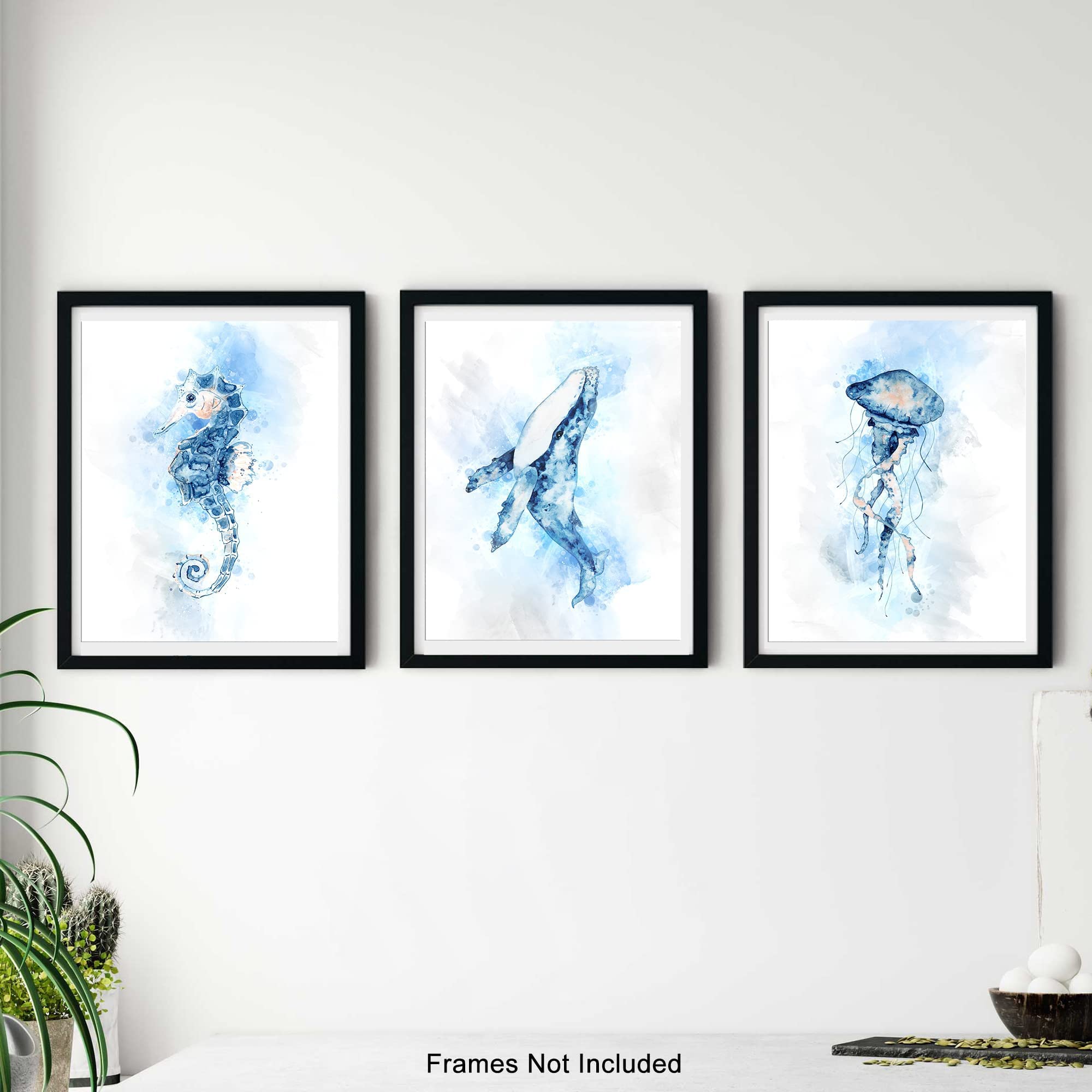 Ocean Wall Art Posters - Set of 4 Unframed 8x10 Nautical Decor, Blue Whale Seahorse Jellyfish Art, Coastal Bathroom Decor | Perfect for Beach House, Bathroom Wall Decor, Coastal Living Room & Nautical Theme Bedroom