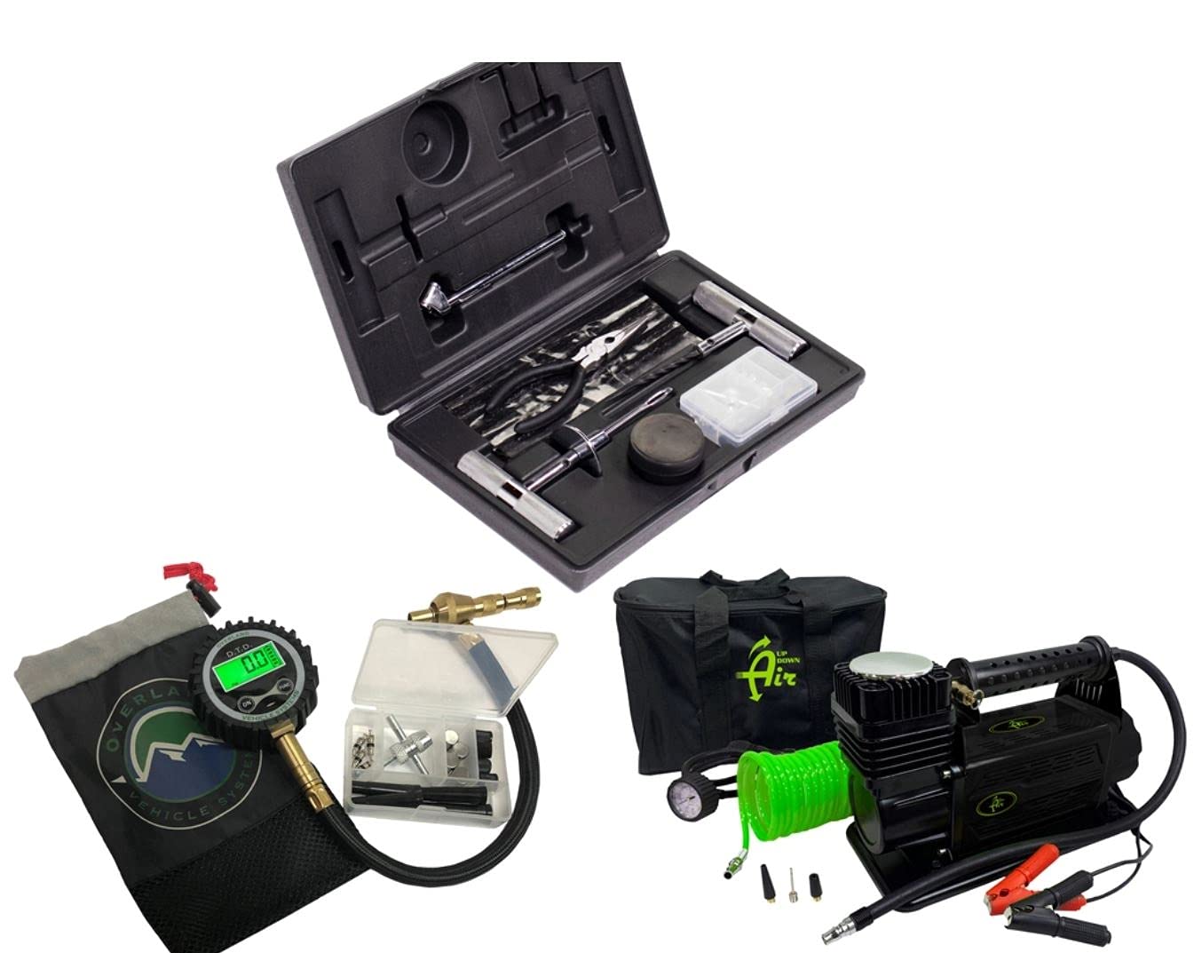 Overland Vehicle Systems 5.6 CFM Portable Air Compressor with Digital Tire Deflator & 53-Piece Tire Repair Kit - Complete Combo for Trucks, SUVs, Cars, Trailers, RVs - Perfect for Off-Road Adventures, Emergency Roadside Repairs, and Vehicle Maintenance