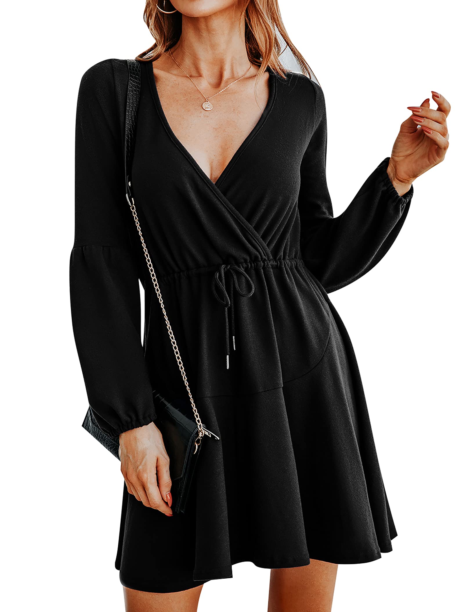Elegant V-Neck Knit Mini Dress for Women - Long Sleeve A-Line Cocktail Party Dress | Perfect for Wedding Guest, Fall Events & Special Occasions | Comfortable & Stylish Formal Wear