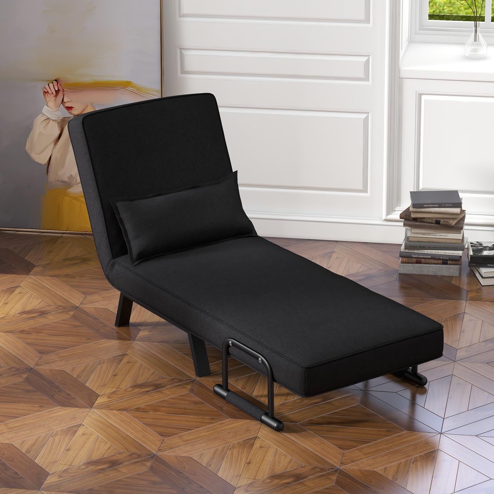 HOMGX 4-in-1 Convertible Sofa Bed - Adjustable Recliner Chair with 6-Position Backrest, Foldable Sleeper with High Elastic Sponge - Perfect for Living Room, Bedroom, Office & Small Spaces (Black)