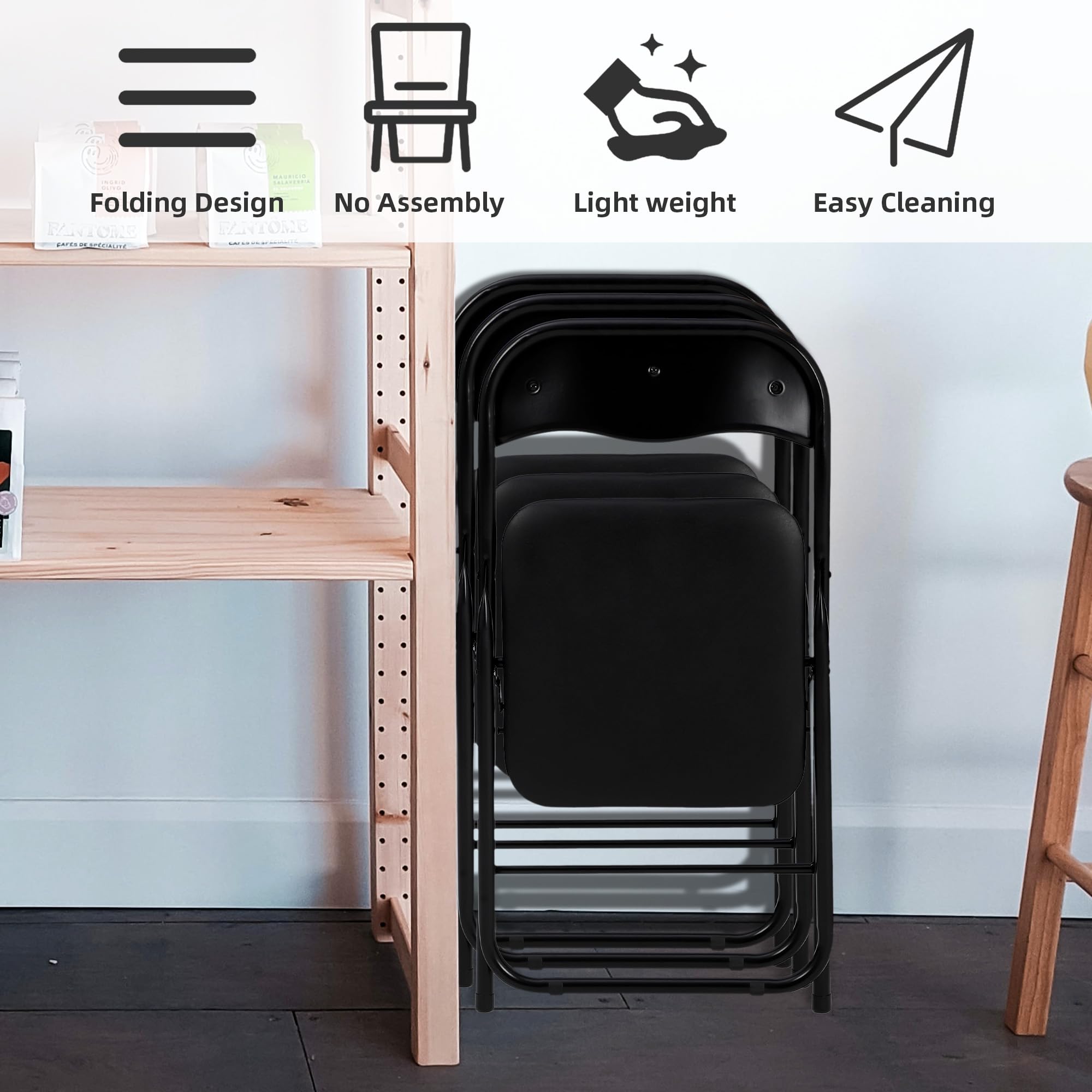 GAOMON 4 Pack Folding Chairs for Outdoor & Indoor Use - Portable Metal Stackable Chairs with Comfortable Cushion & Non-Slip Feet Pads - Perfect for Parties, Picnics, Camping, and Home Events (Black)