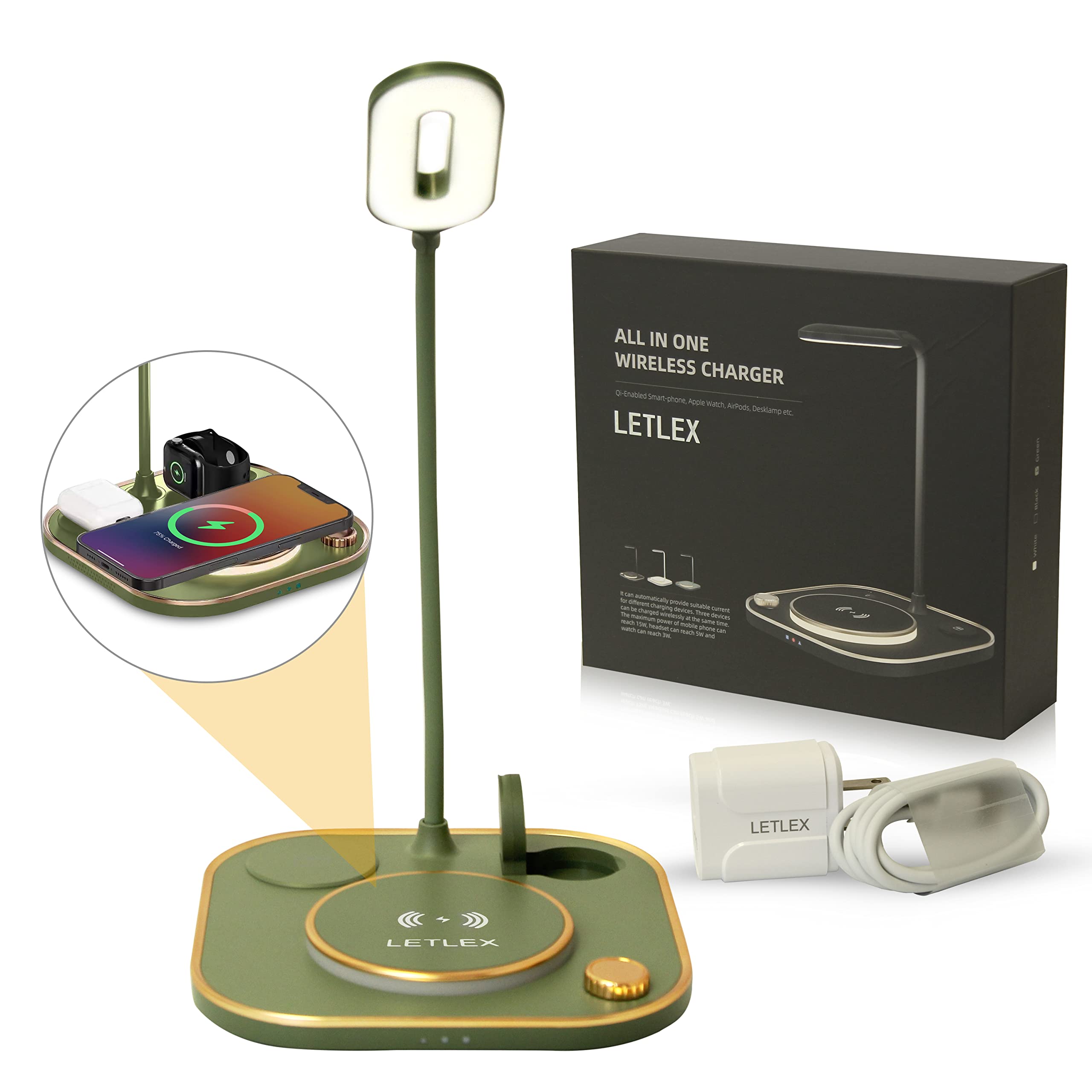 3-in-1 LED Desk Lamp with 15W Qi Wireless Fast Charger for Smartphone, Smartwatch & Earphones | 360° Adjustable Gooseneck Design | Perfect for Home Office, Study & Nightstand Charging