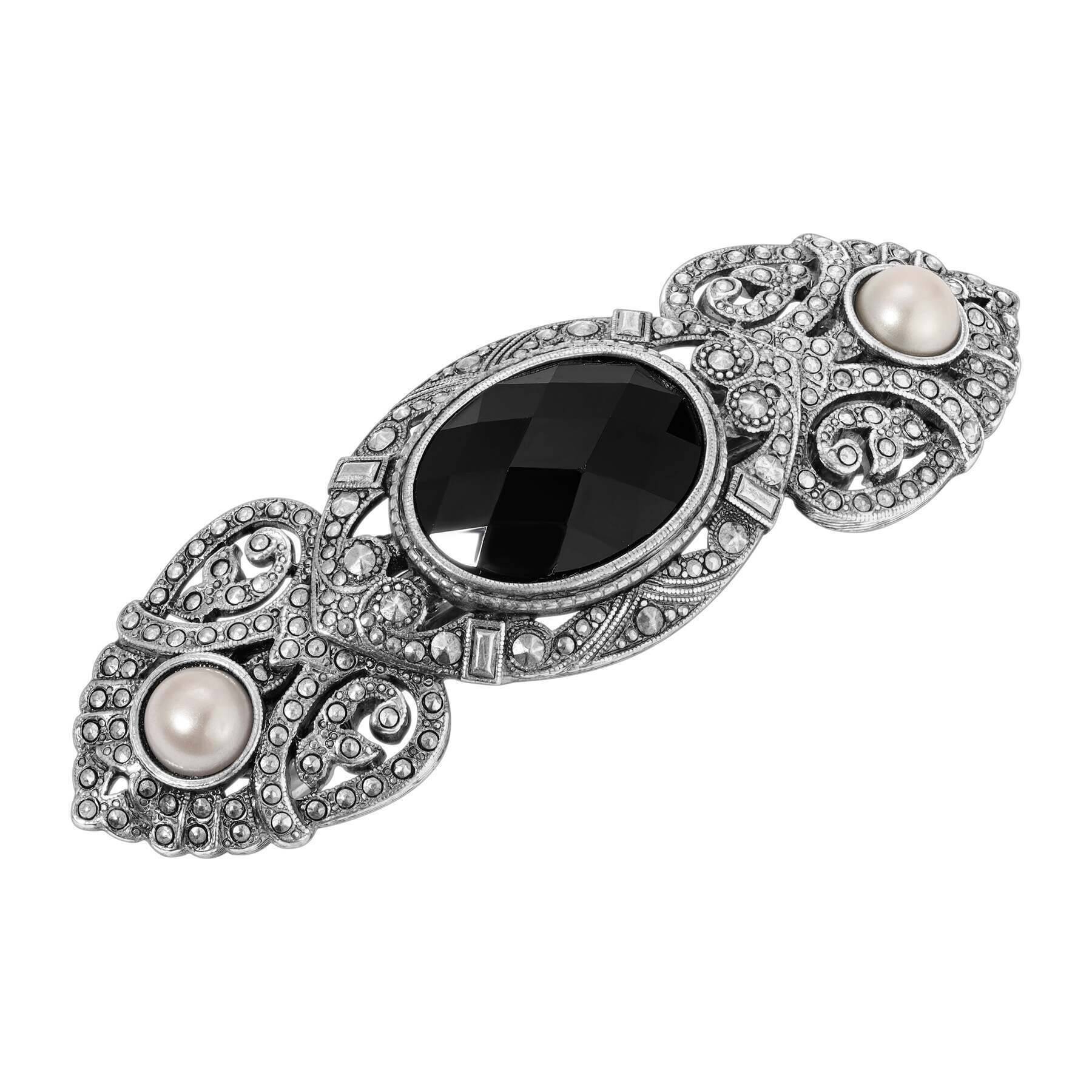 1920s Art Deco Hair Barrette - Jet Black Glass Stone, Light Pink Faux Pearl & Marcasite Vintage Hair Clip for Women | Perfect for Weddings, Parties & Vintage Fashion