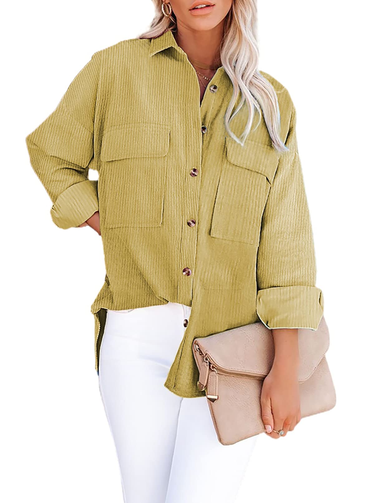 SHEWIN Women's Corduroy Long Sleeve Button Down Shirt Shacket Jacket - Stylish Fall & Winter Layering Top for Casual Outfits, Office Wear and Outdoor Activities