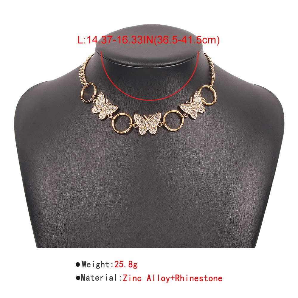 Sparkly Butterfly Crystal Choker Necklace - Gold Iced Collar Chain Circle Link Fashion Jewelry for Women | Perfect for Parties, Weddings & Date Nights