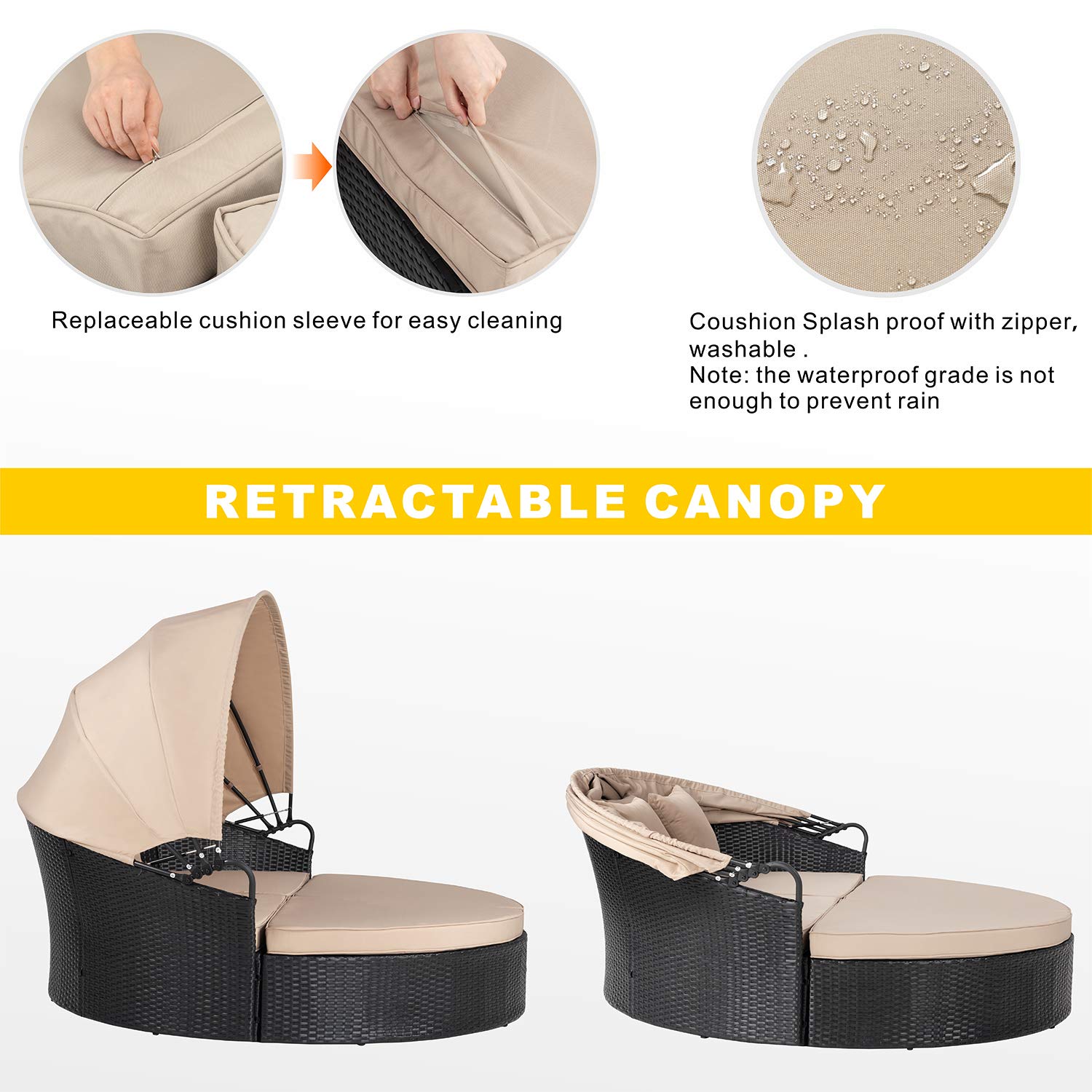 Walsunny Outdoor Round Daybed with Retractable Canopy - Wicker Rattan Patio Furniture for Backyard, Poolside & Garden - Cushioned Seating with Separate Seats | Perfect for Sunbathing, Lounging and Outdoor Relaxation