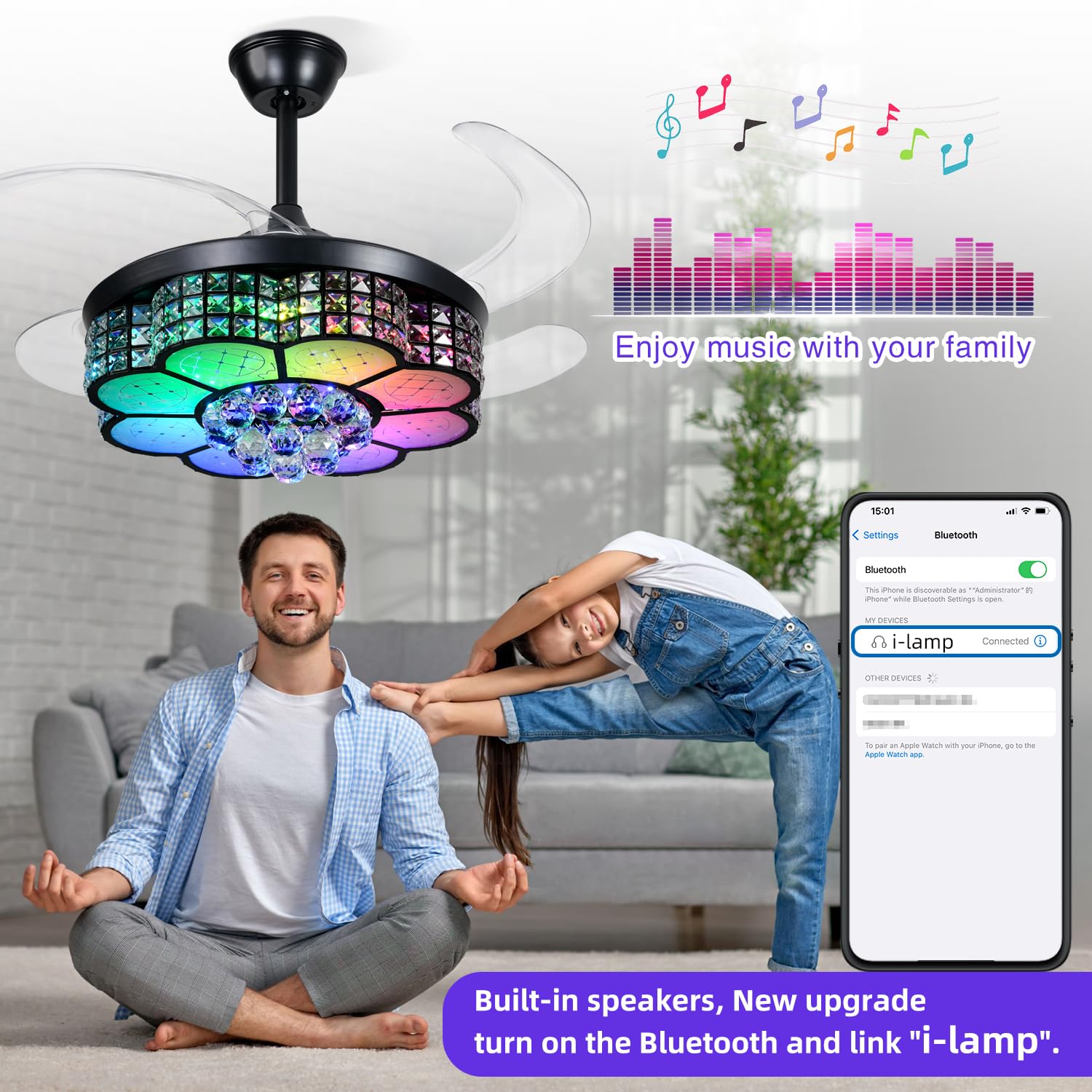 BAYSQUIRREL Retractable Crystal Ceiling Fan with Light - Bluetooth Smart Ceiling Fan with Speaker, Remote & App Control, 6 Speed Reversible Blades, RGB LED Dimmable Chandelier - Perfect for Living Room, Bedroom, and Dining Room