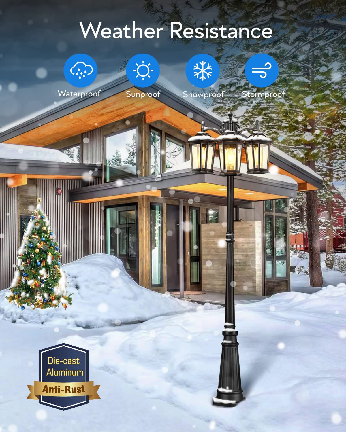 VIANIS 3-Head Outdoor Post Light - Dusk to Dawn Waterproof Aluminum Street Lamp with Tempered Glass - Perfect for Backyard, Garden, Patio, Driveway & Pathway Lighting