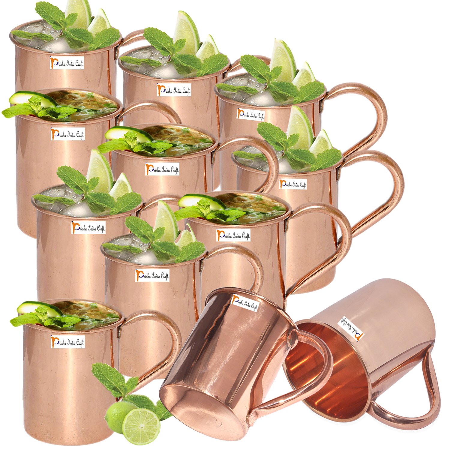 12-Pack Prisha India Craft® Pure Copper Moscow Mule Mugs - 15 oz (450ml) Lacquered Finish, No Inner Lining - Perfect for Cocktail Parties, Bars & Home Entertaining