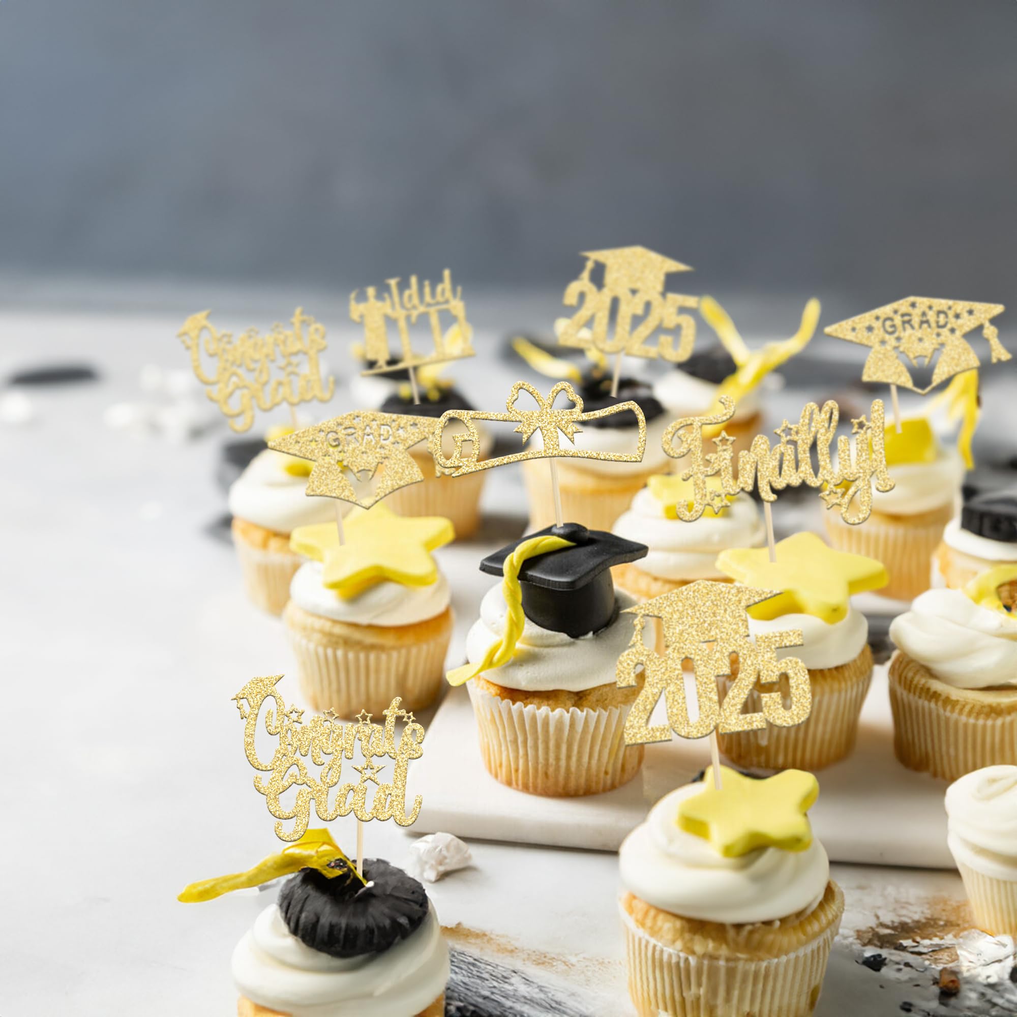 24 Pack 2025 Graduation Cupcake Toppers - Gold Glitter 