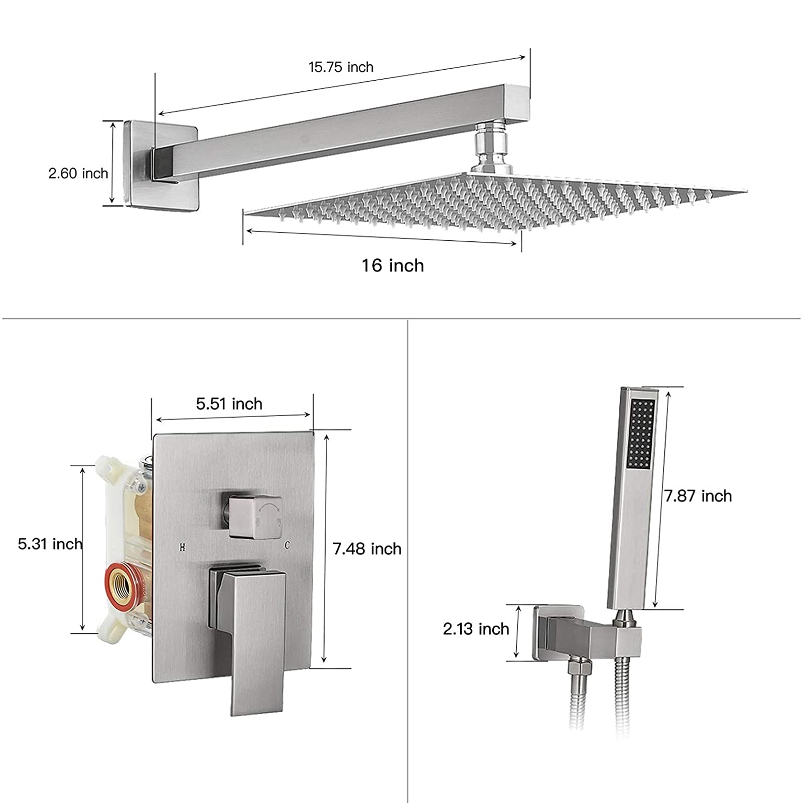 BWE 16 Inch Square Luxury Rain Shower Combo Set - Wall Mounted Rainfall Shower Head System with Brushed Nickel Faucet & Rough-in Valve - Perfect for Modern Bathroom Renovation & Spa-like Shower Experience
