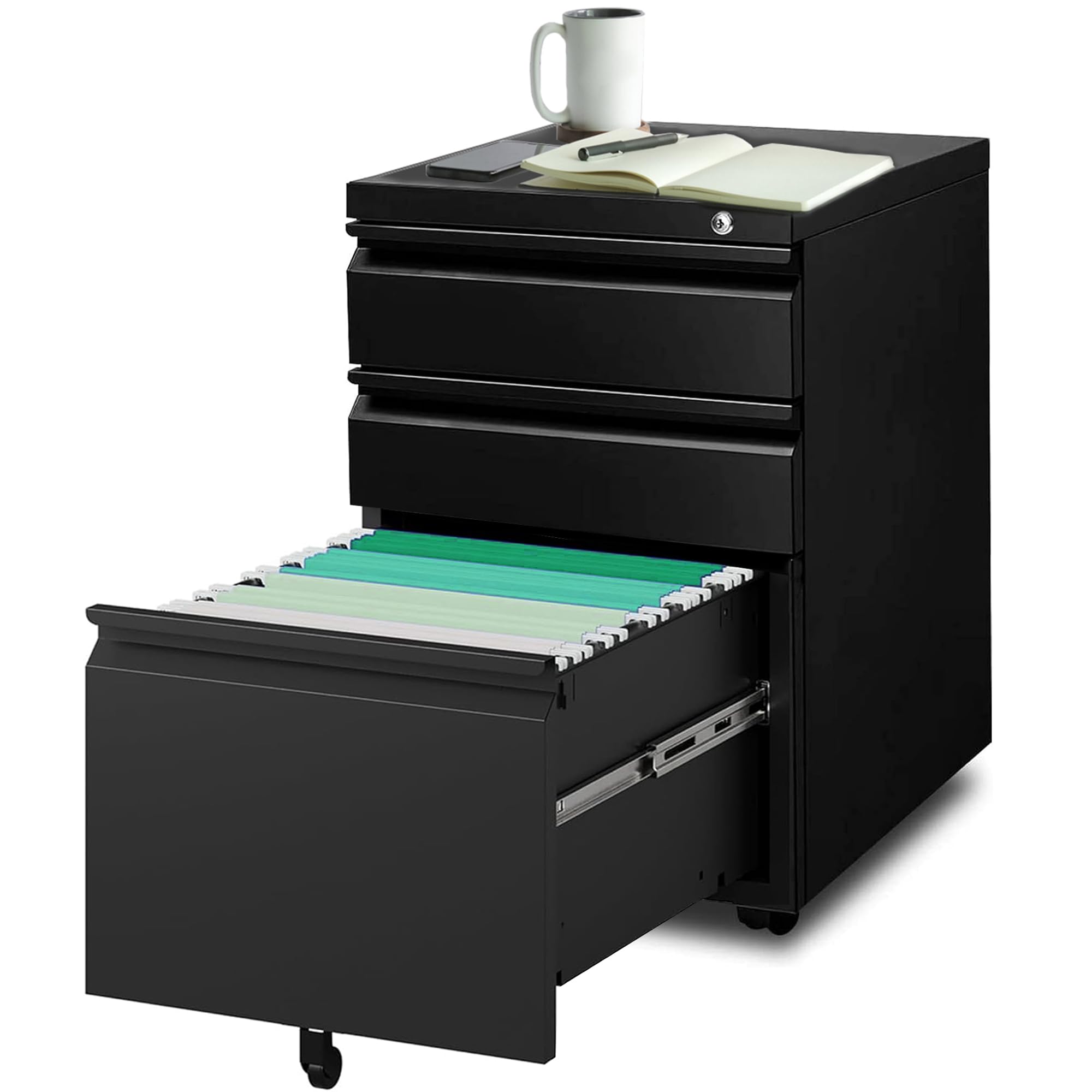 3 Drawer Mobile File Cabinet with Lock & Wheels - Anti-Tip Metal Vertical Rolling File Organizer for Letter/Legal Size Documents - Perfect for Home Office, School, or Workplace Storage (Black)