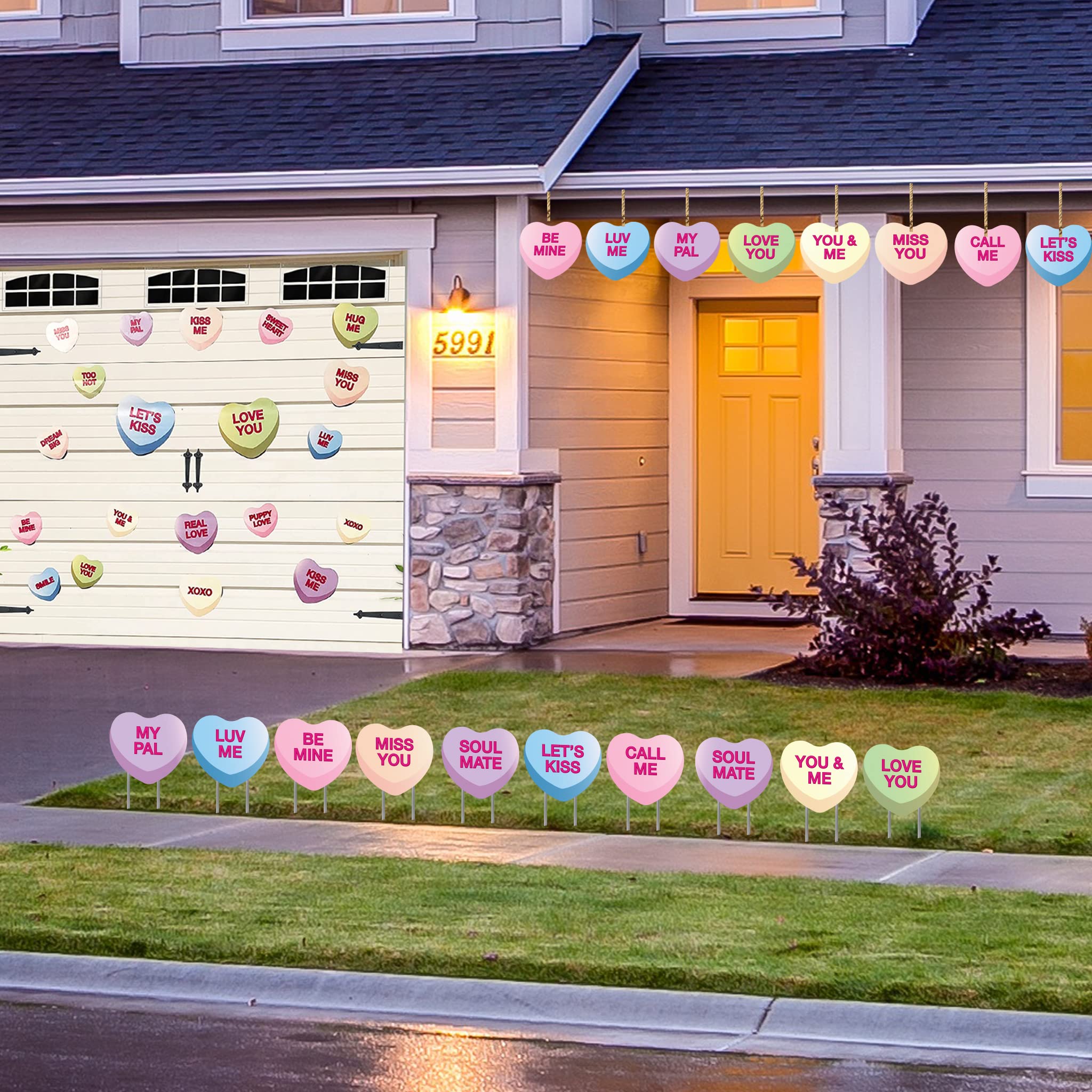 Valentine's Day Candy Hearts Decor Bundle - Sweethearts Candy Sayings Magnets, Hanging & Yard Decorations for Outdoor & Indoor Use - Perfect for Valentine's Party, Home Decor, and Gift Giving