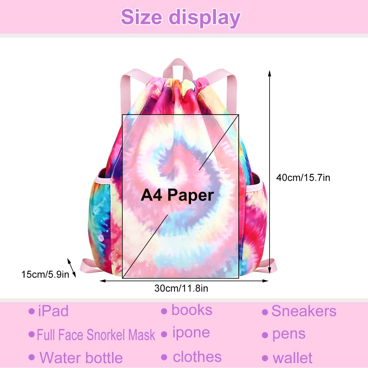 RHCPFOVR Kids Tie Dye Drawstring Backpack - Lightweight Mini Gym Bag for Girls, Dance, Beach, Swim & Travel with Dual Water Bottle Holders | Perfect for School, Sports & Outdoor Activities