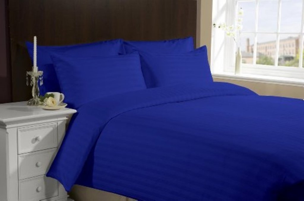 Premium 7-Piece Italian Finish Duvet Set - 600 Thread Count Queen Size Egyptian Blue Striped 100% Egyptian Cotton - Luxury Bedding for Master Bedroom & Guest Room