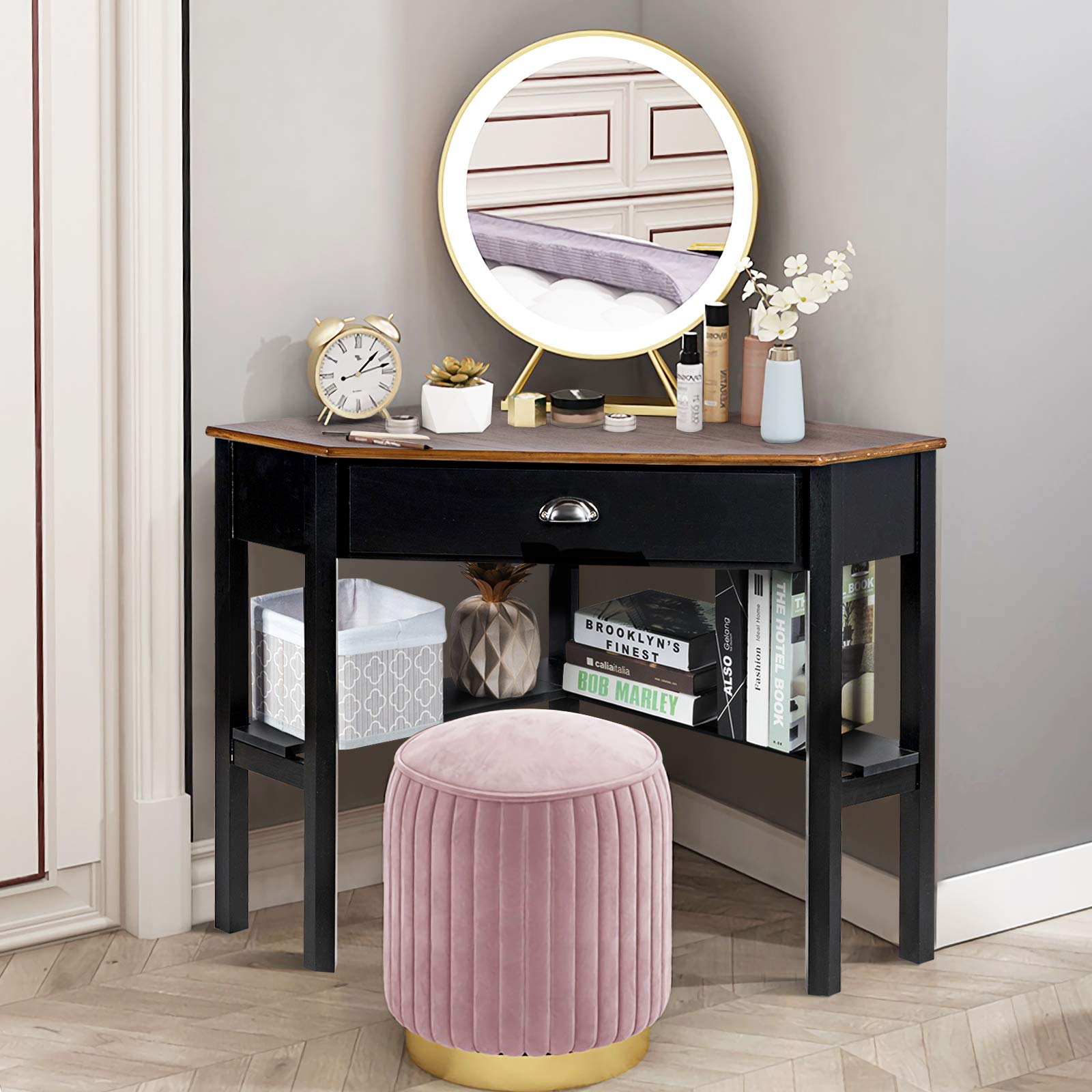 KOTEK Corner Desk with Drawer and Shelves - Wooden Home Office Desk, Triangle Computer Desk for Small Spaces, Writing Study Desk with Storage, Makeup Vanity Table (Coffee & Black) - Perfect for Home Office, Gaming Setup, Dorm Room & Bedroom Workspace