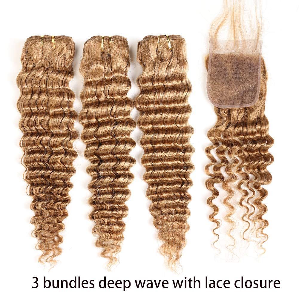 XCCOCO Honey Blonde Deep Wave 100% Peruvian Virgin Human Hair Extensions - 3 Bundles with 10