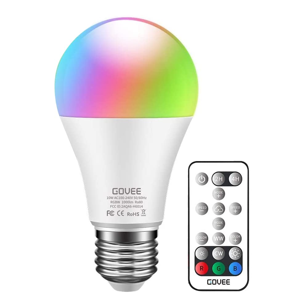 Govee Smart LED Light Bulbs, RGB Color Changing Bulbs with Remote Control, 10W 75W Equivalent 1000 Lumen A19 E26 Base, RGBW Decorative Lighting for Bedroom, Living Room, Party & Home Decor - Perfect for Mood Lighting, Night Light, and Smart Home Automation (1 Pack)
